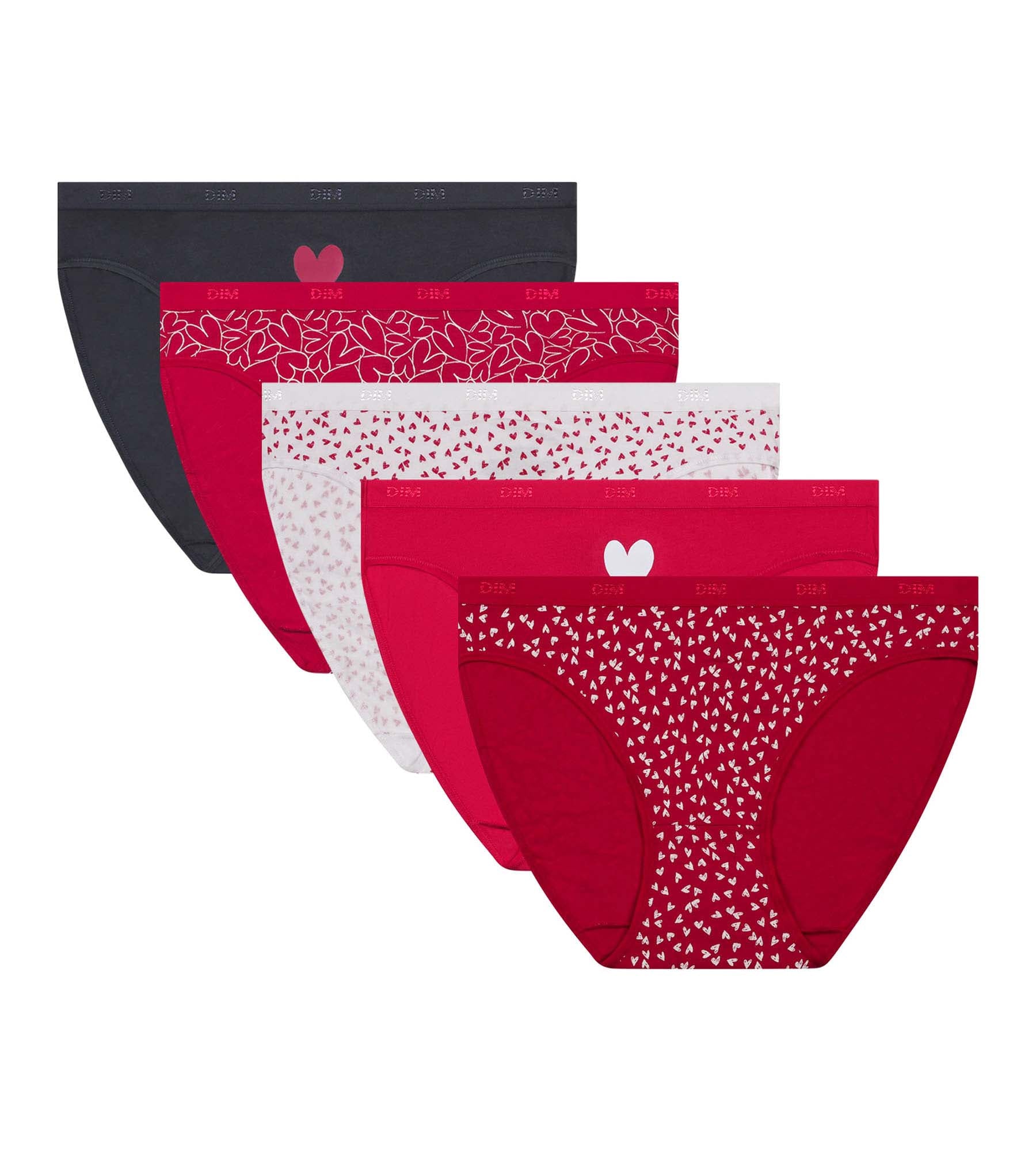 DIM Pack de 5 bragas de mujer de algodón elástico con estampado de corazones Gris Les Pockets
