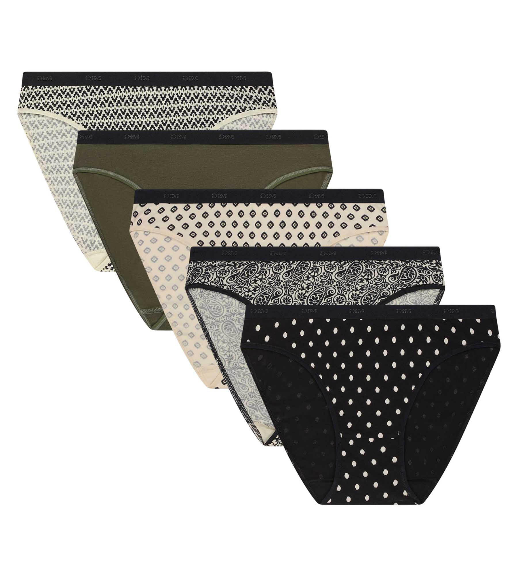 DIM Pack de 5 calzoncillos mujer caqui étnico negro Les bolsillos