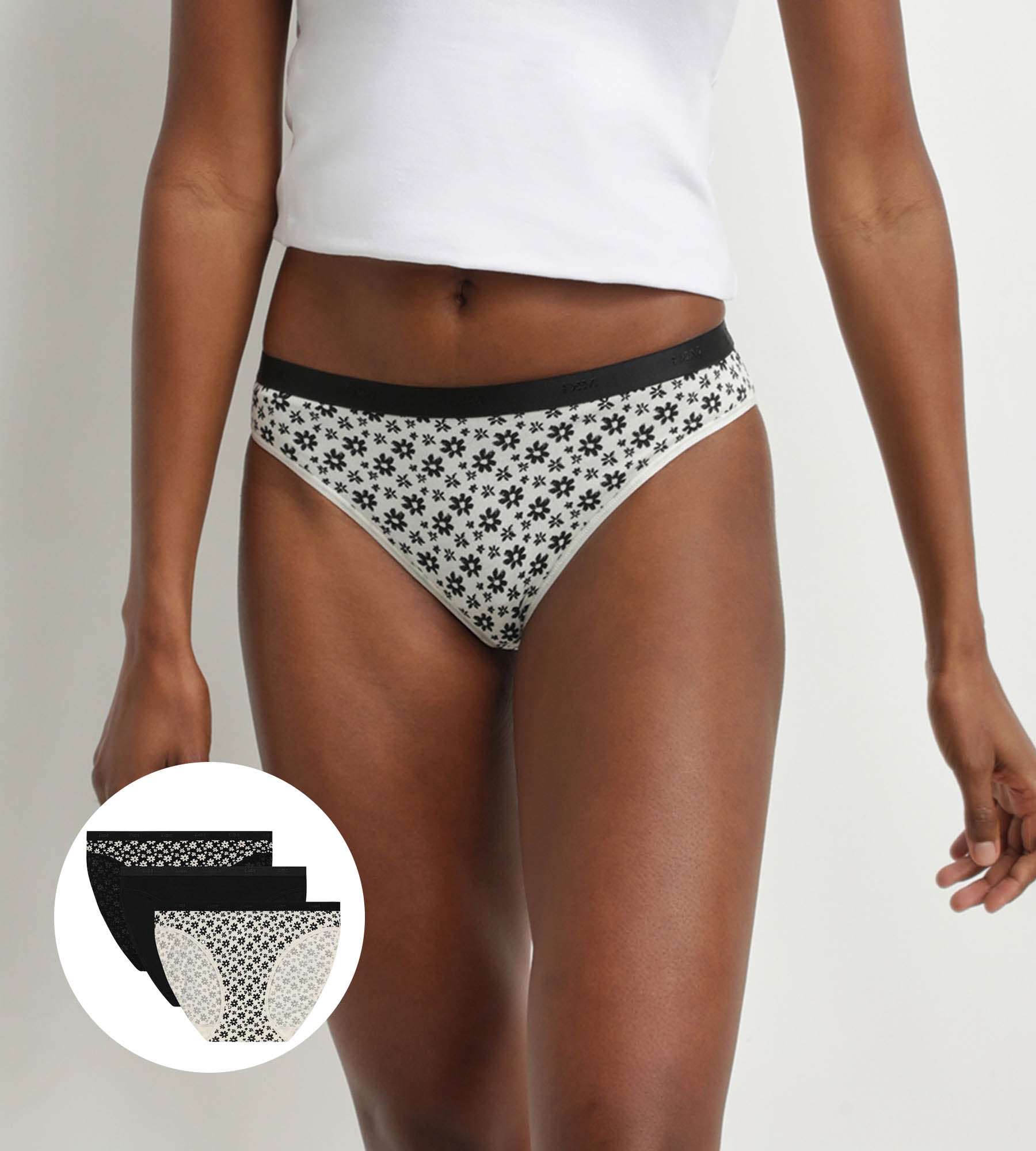DIM Pack de 3 braguitas de algodón elástico con motivos florales en blanco y negro Les Pockets