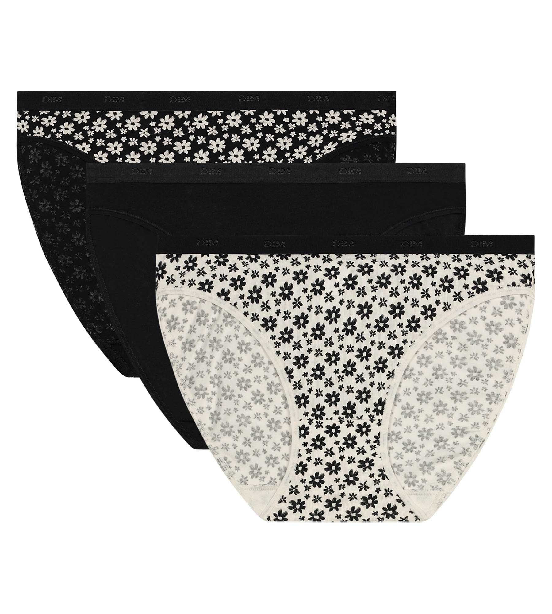 DIM Pack de 3 braguitas de algodón elástico con motivos florales en blanco y negro Les Pockets