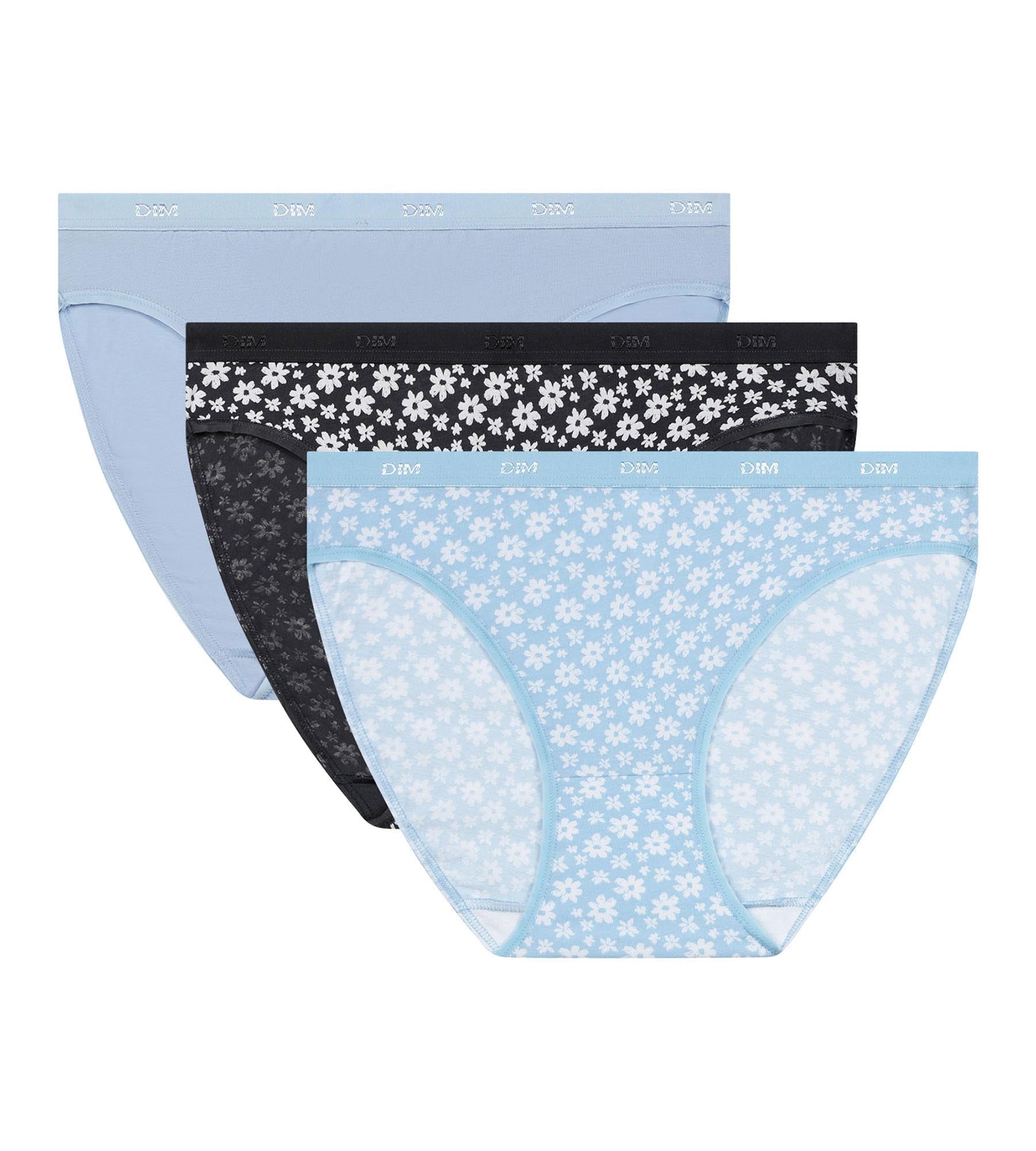 DIM Pack de 3 bragas de mujer de algodón elástico Azul Gris con flores Les Pockets