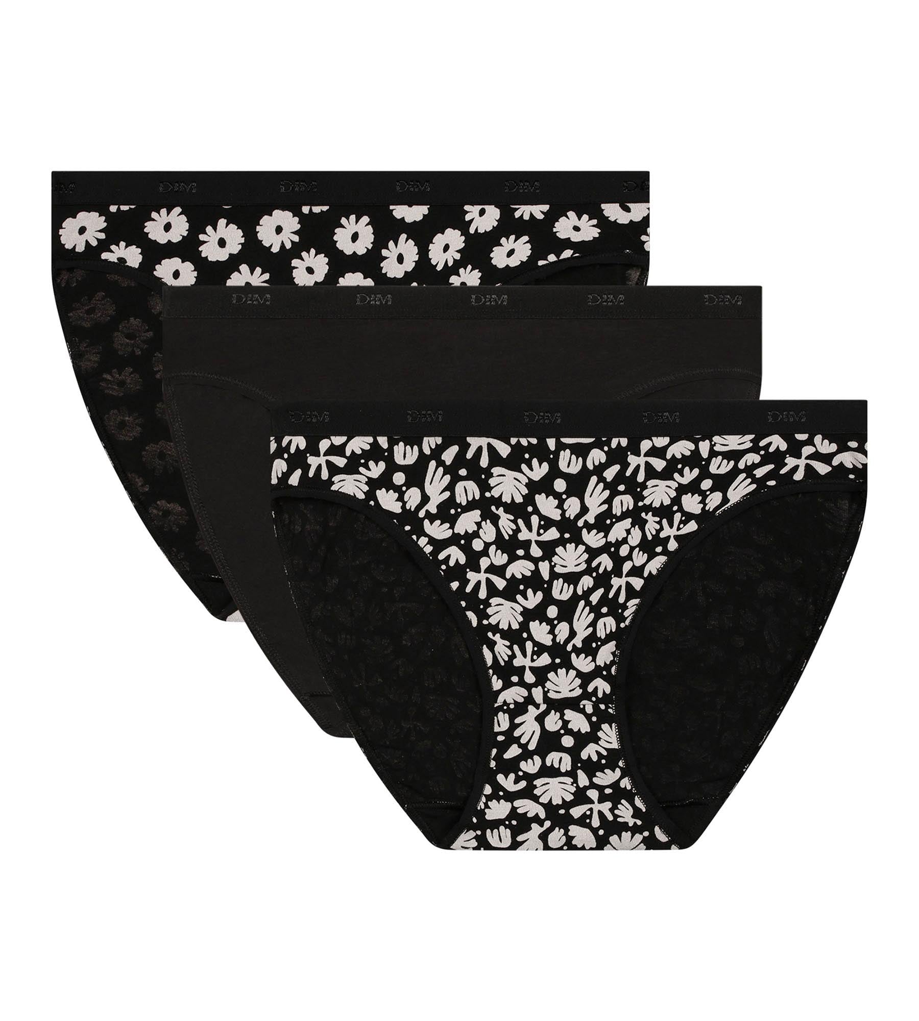 DIM Pack de 3 calzoncillos negros de algodón elástico con flores Les Pockets