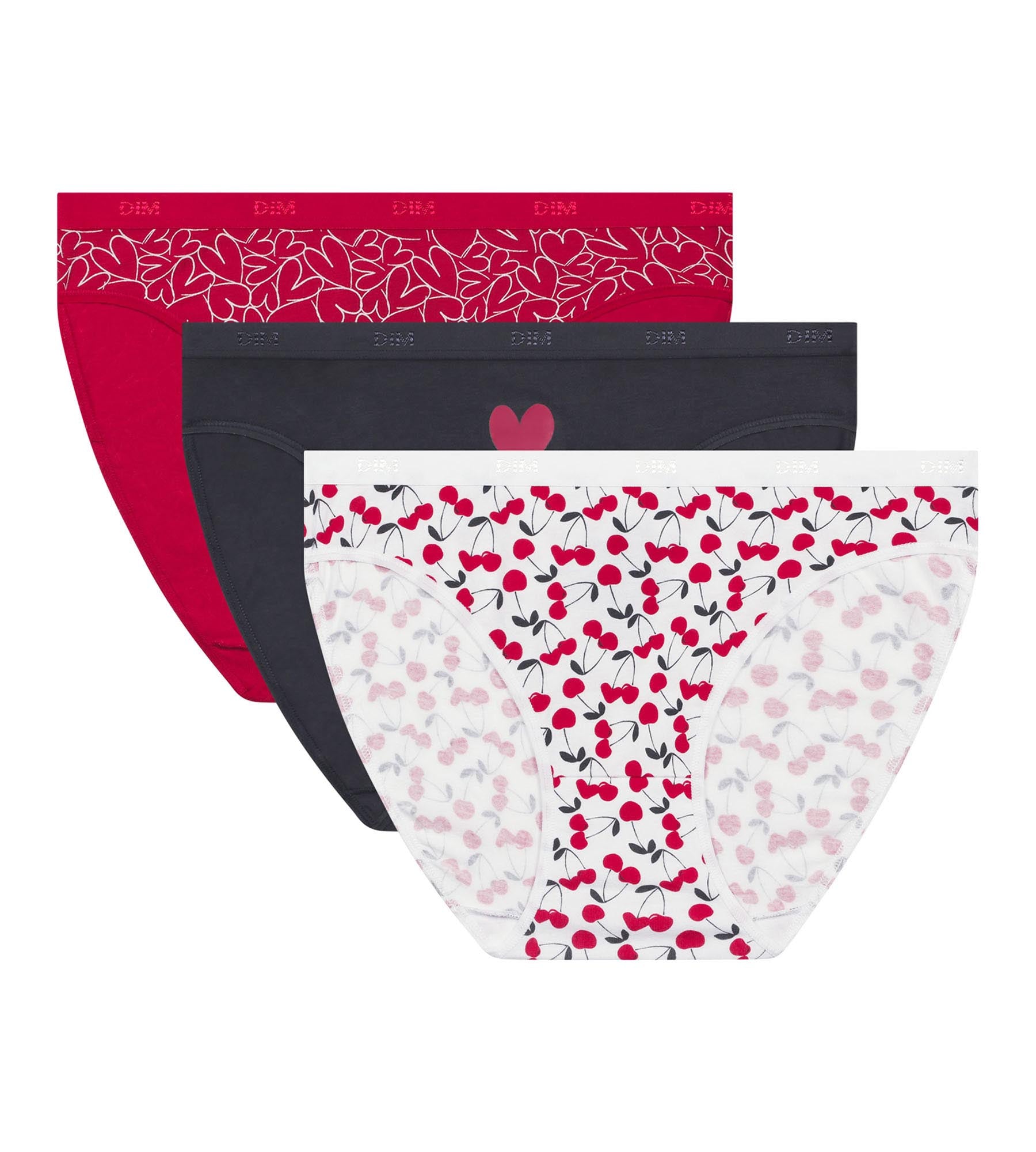 DIM Pack de 3 calzoncillos rojos de algodón elástico con corazones Les Pockets