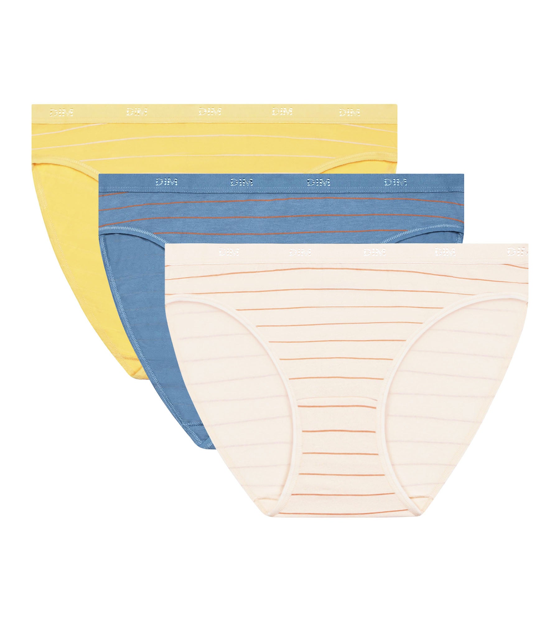 DIM Pack de 3 bragas de mujer de algodón elástico a rayas Azul Amarillo Les Pockets