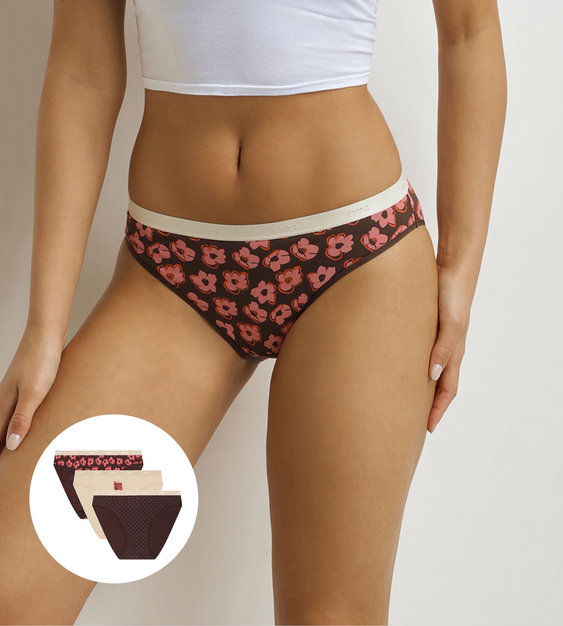 DIM Pack de 3 calzoncillos de mujer con motivos bohemios rosas y marrones Les Pockets