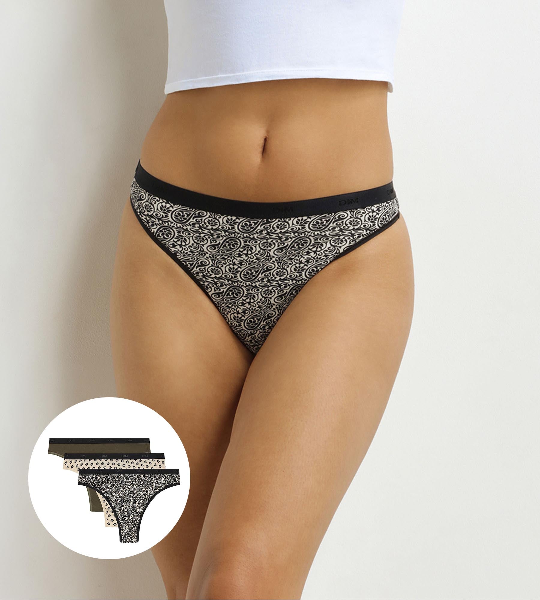 DIM Pack de 3 tangas de mujer con estampado étnico caqui negro Les bolsillos