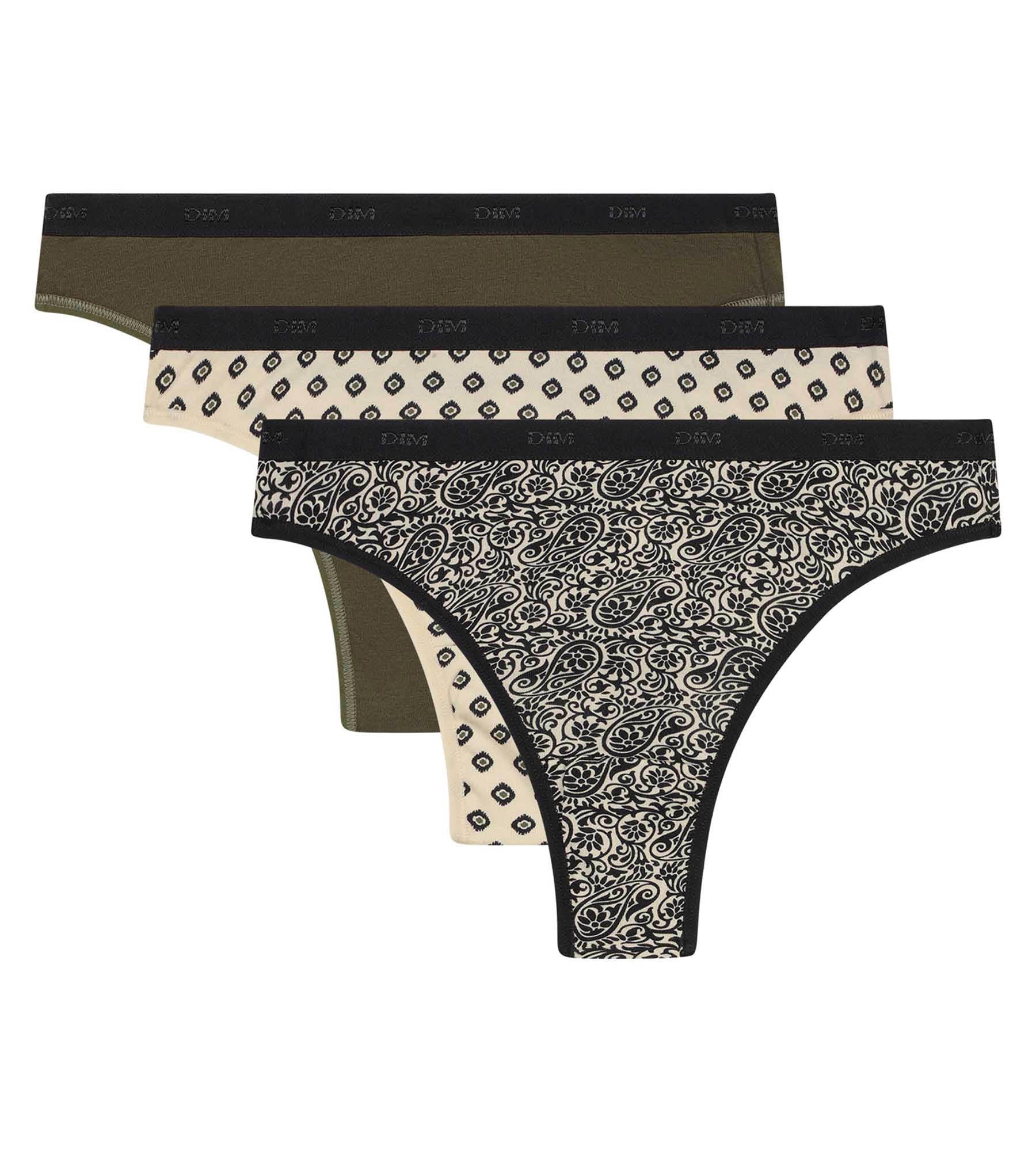 DIM Pack de 3 tangas de mujer con estampado étnico caqui negro Les bolsillos