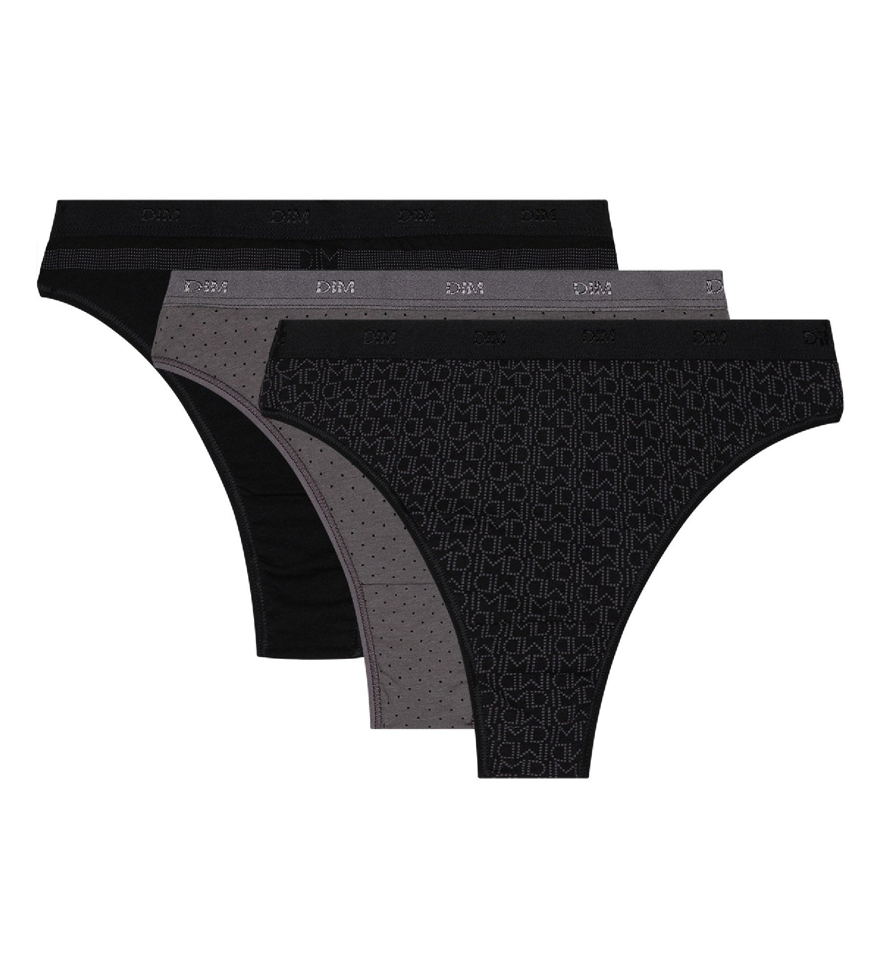 DIM Pack de 3 tangas negros y gris de algodón elástico Les Pocket