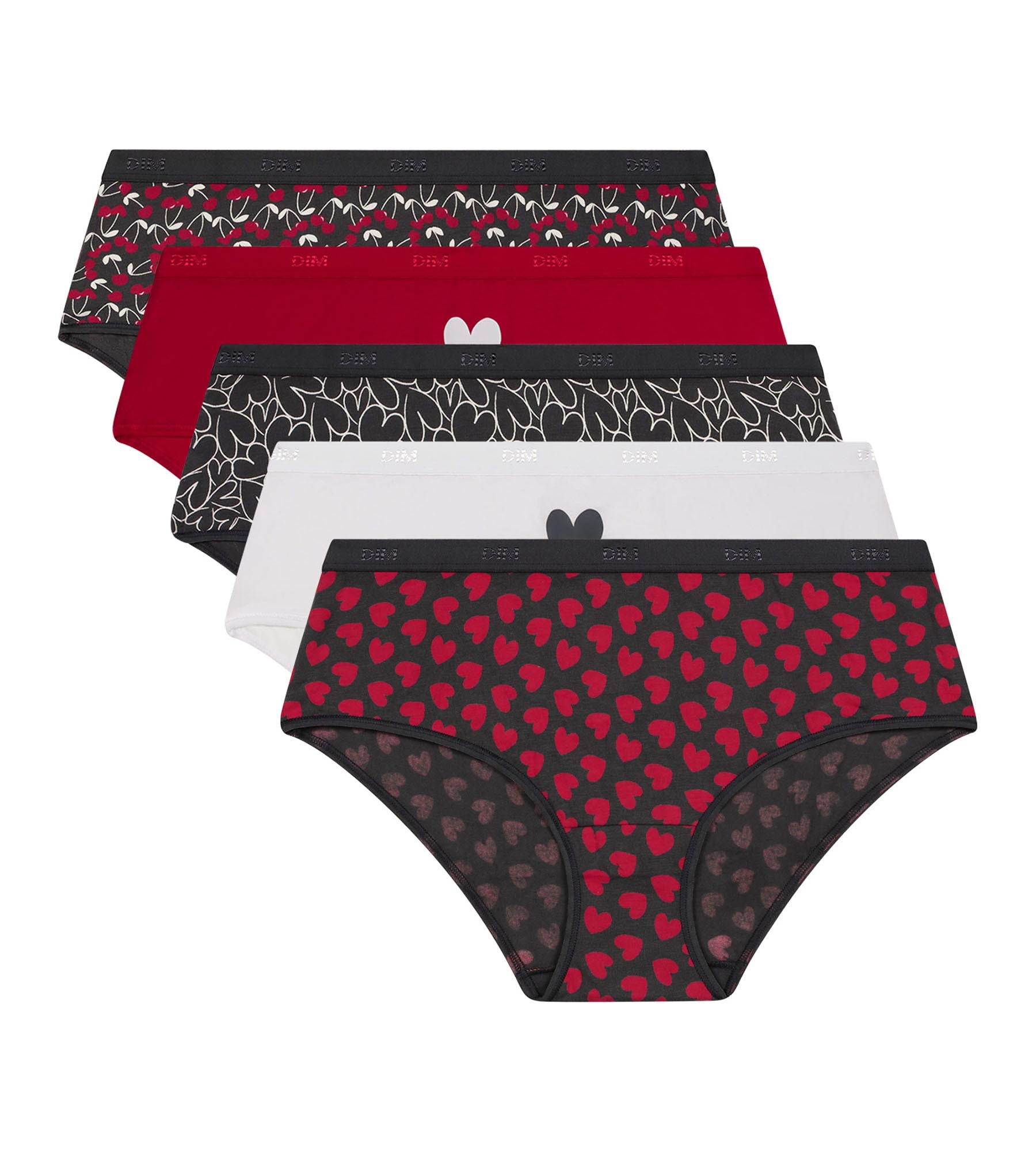 DIM Pack de 5 shorties rojos de algodón elástico con corazones Les Pockets