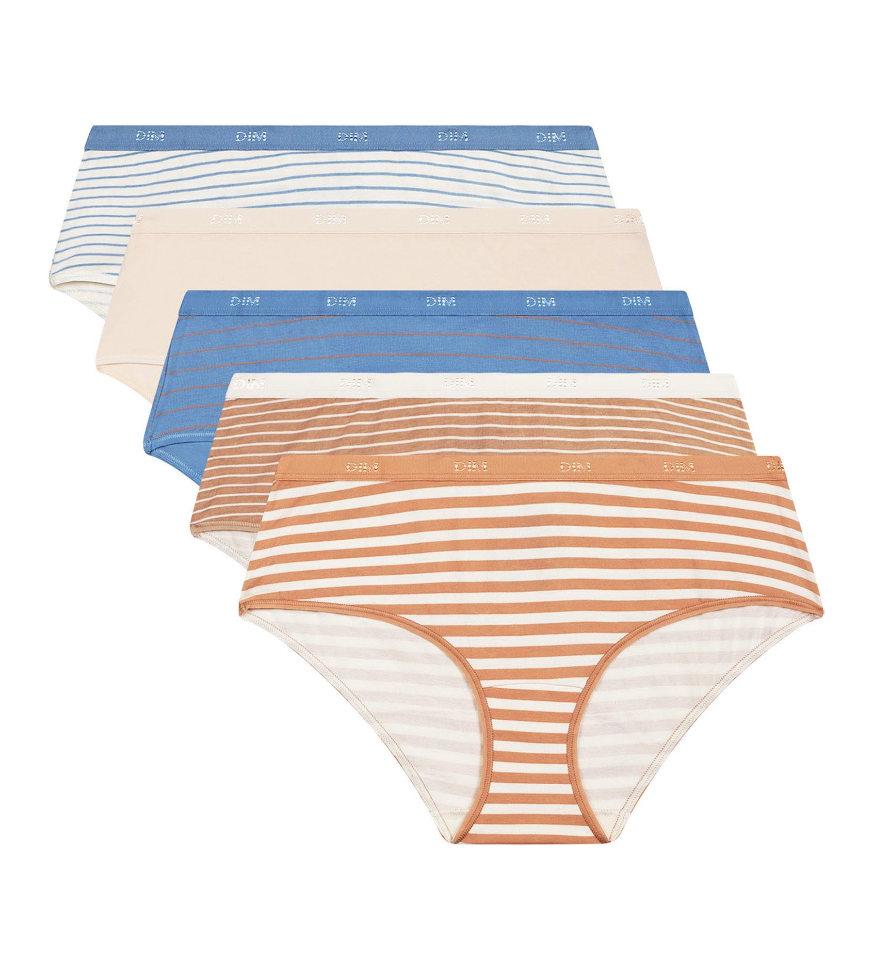 DIM Pack de 5 culottes de mujer de algodón elástico Beige Azul con rayas Les Pockets