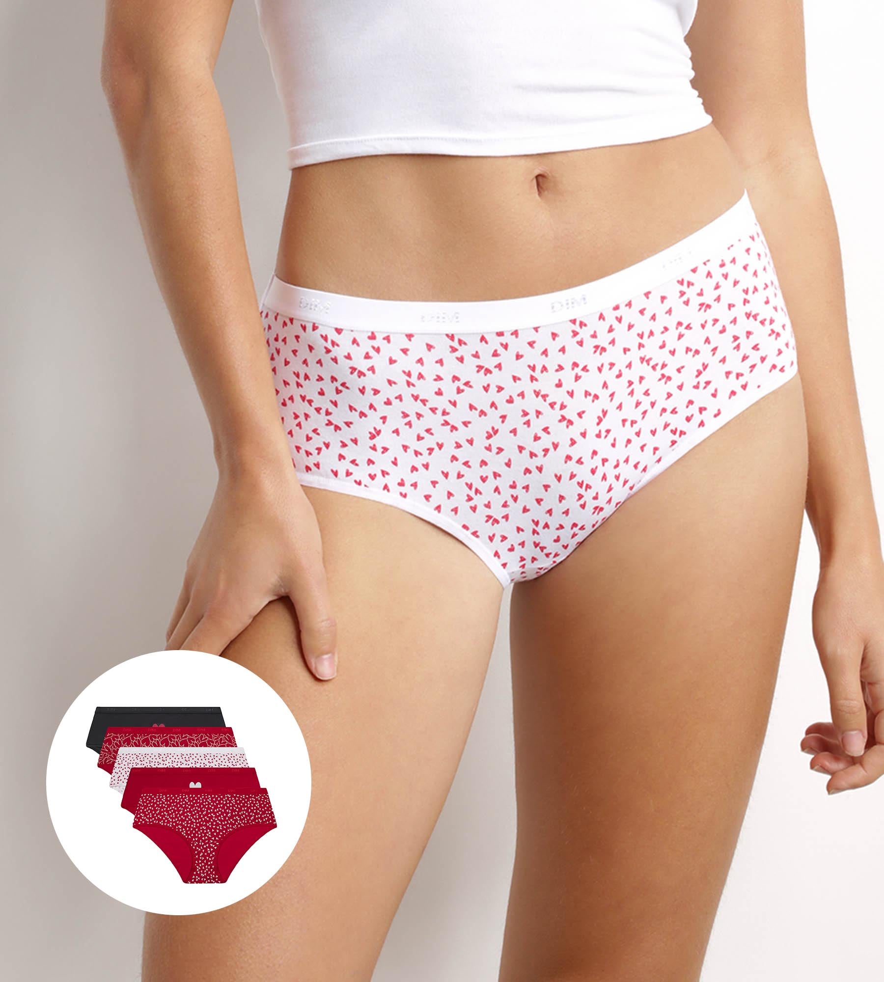 DIM Pack de 5 culottes de mujer de algodón elástico con estampado de corazones Les Pockets