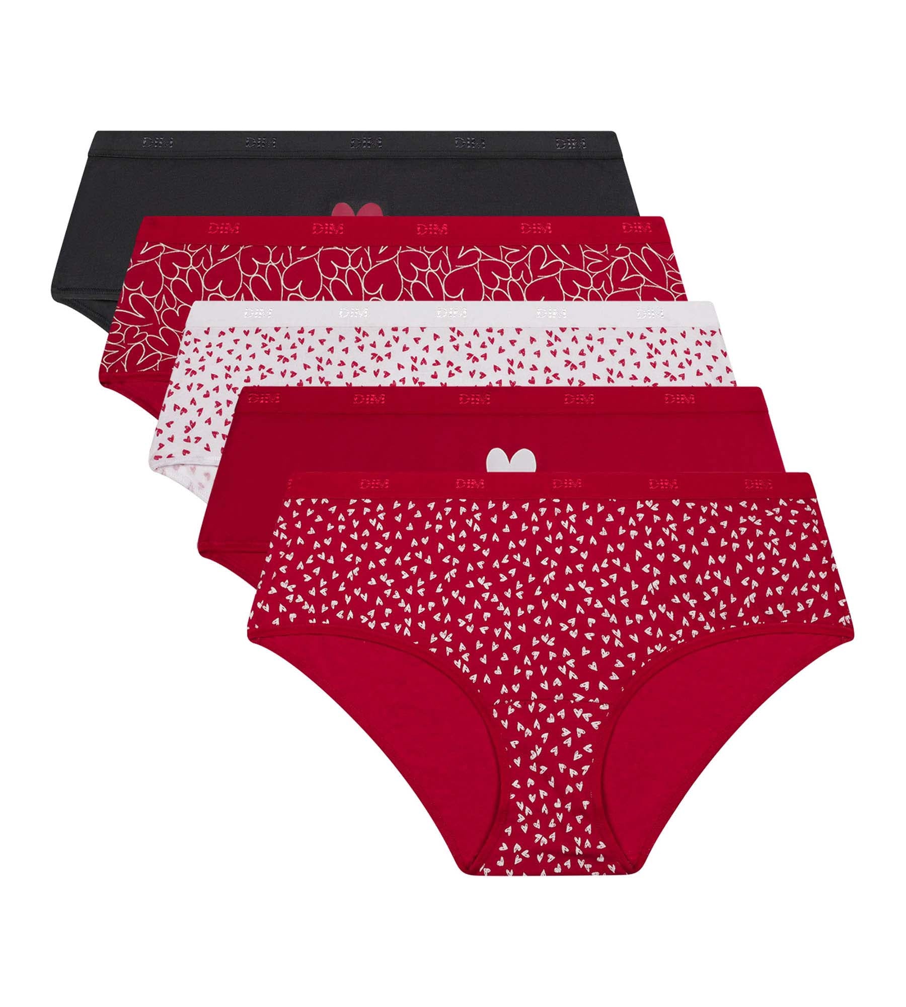 DIM Pack de 5 culottes de mujer de algodón elástico con estampado de corazones Les Pockets