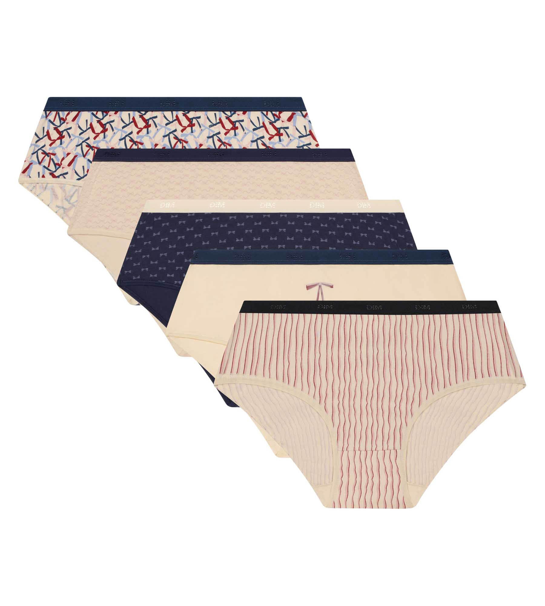 DIM Pack de 5 calzoncillos bóxer de mujer con lazos rojos azules Les bolsillos