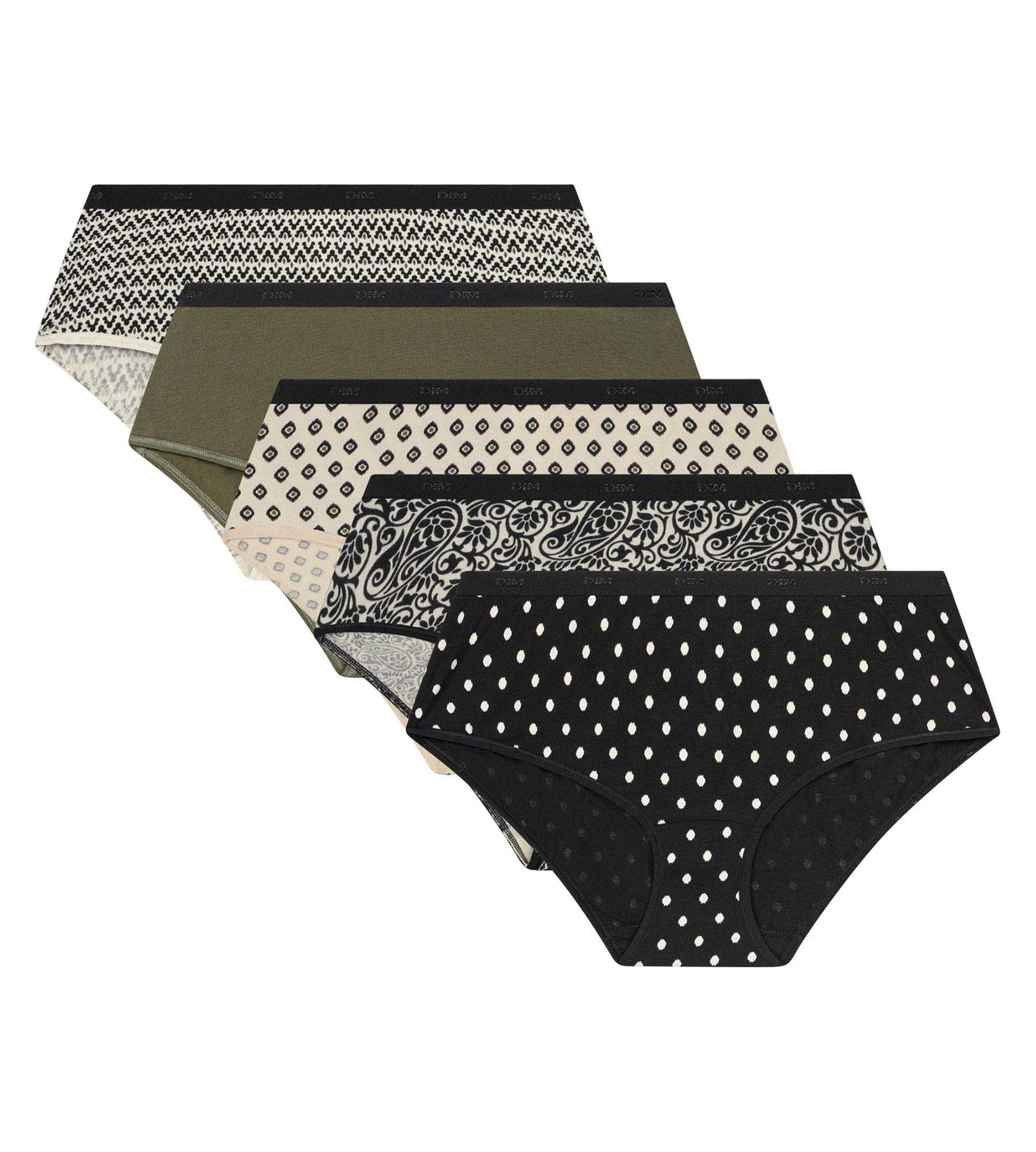 DIM Pack de 5 calzoncillos negros con estampado étnico caqui para mujer Les Pockets