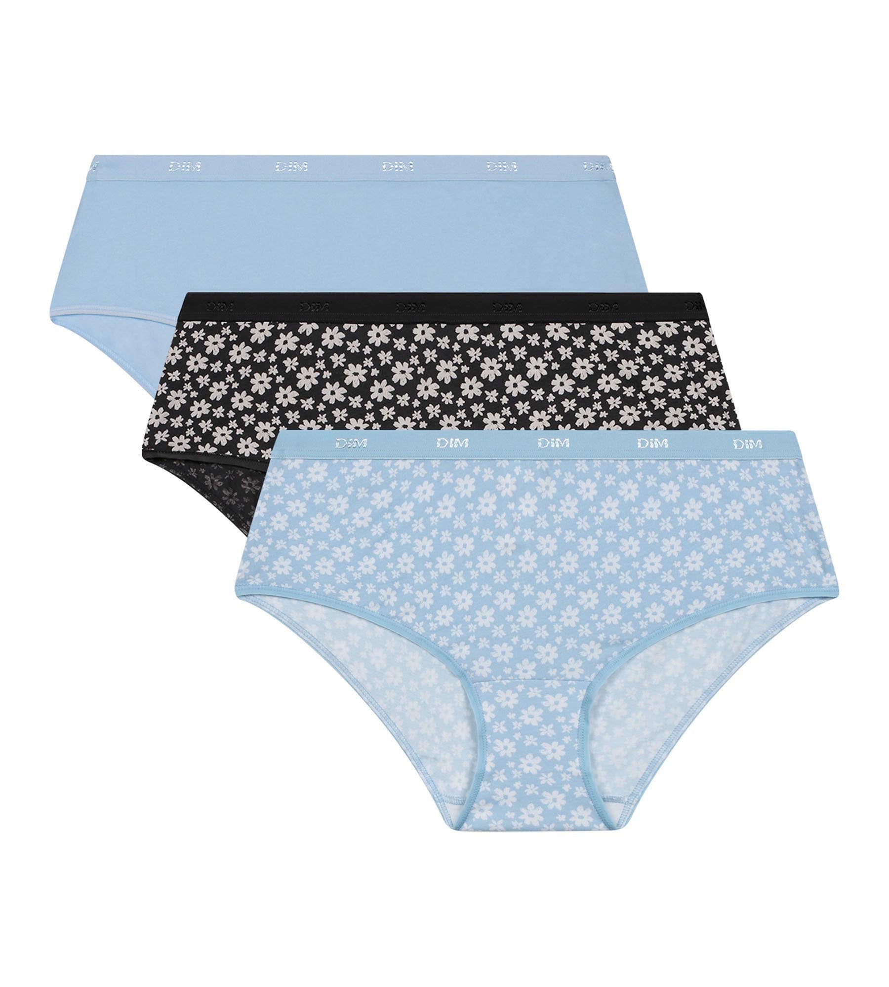 DIM Pack de 3 culottes de mujer de algodón elástico Gris Azul con flores Les Pockets