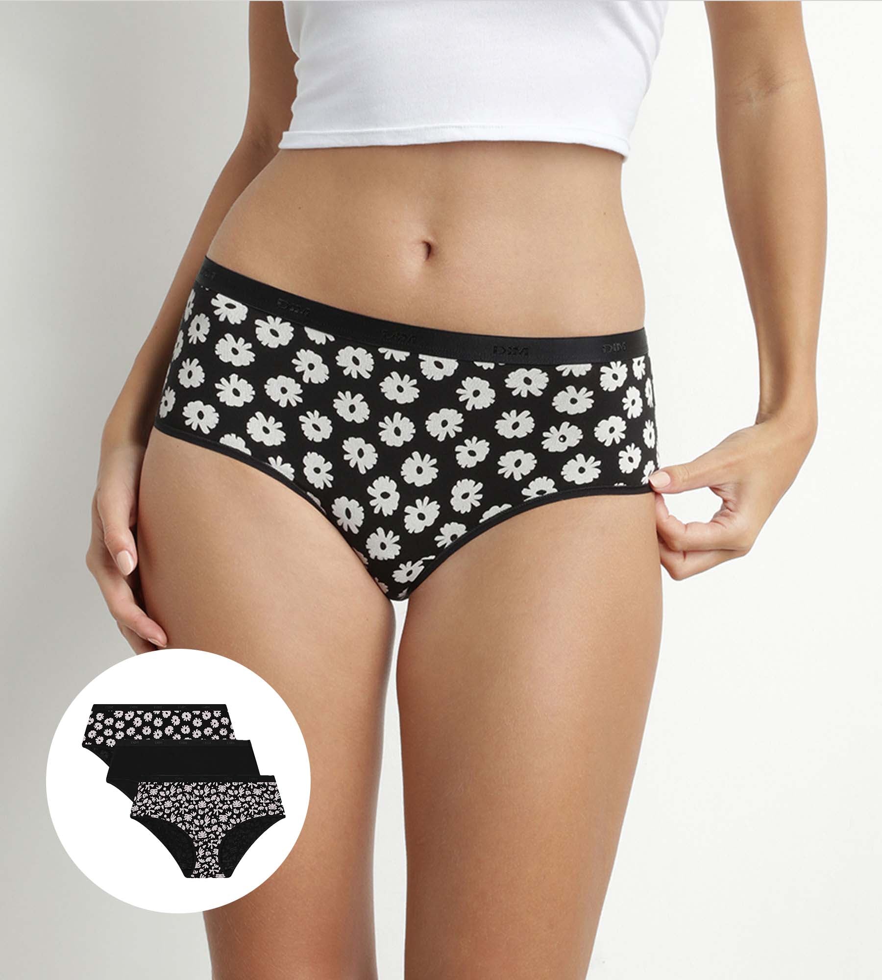 DIM Pack de 3 culottes de mujer de algodón elástico Negro Beige con flores Les Pockets