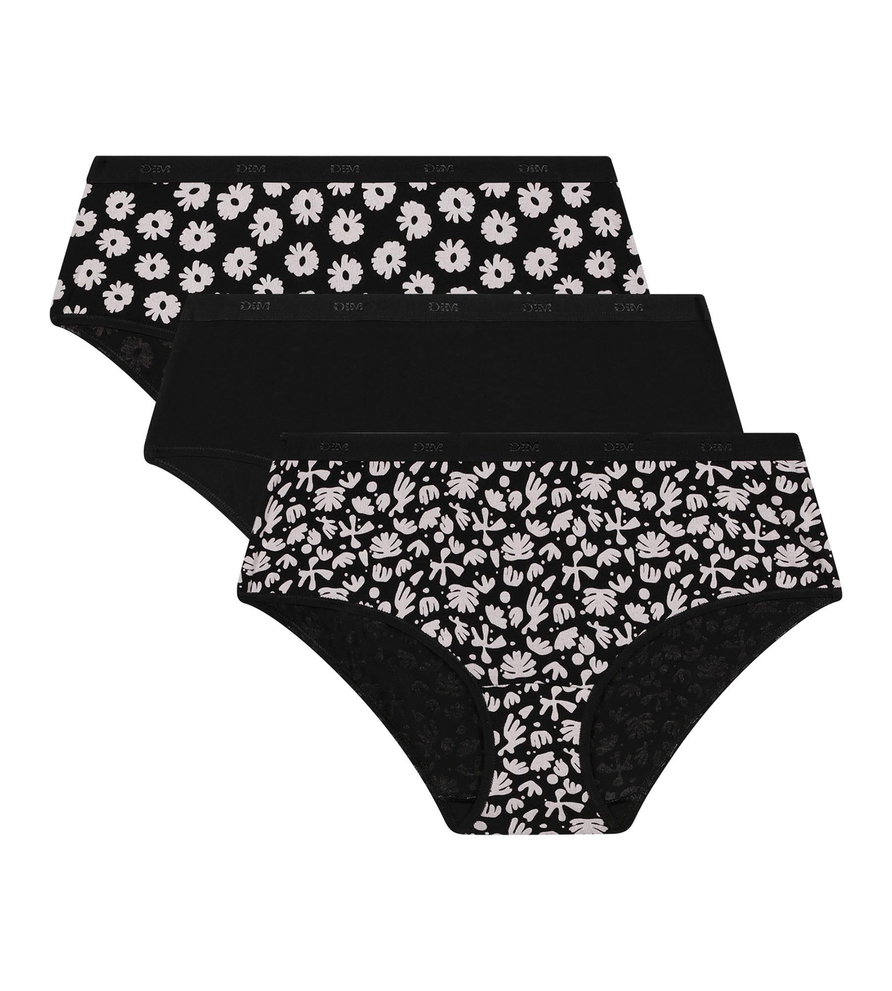 DIM Pack de 3 culottes de mujer de algodón elástico Negro Beige con flores Les Pockets