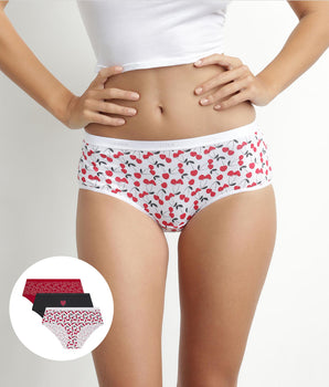 Pack de 3 culottes de mujer de algodón elástico rojo con estampado de corazones Les Pockets