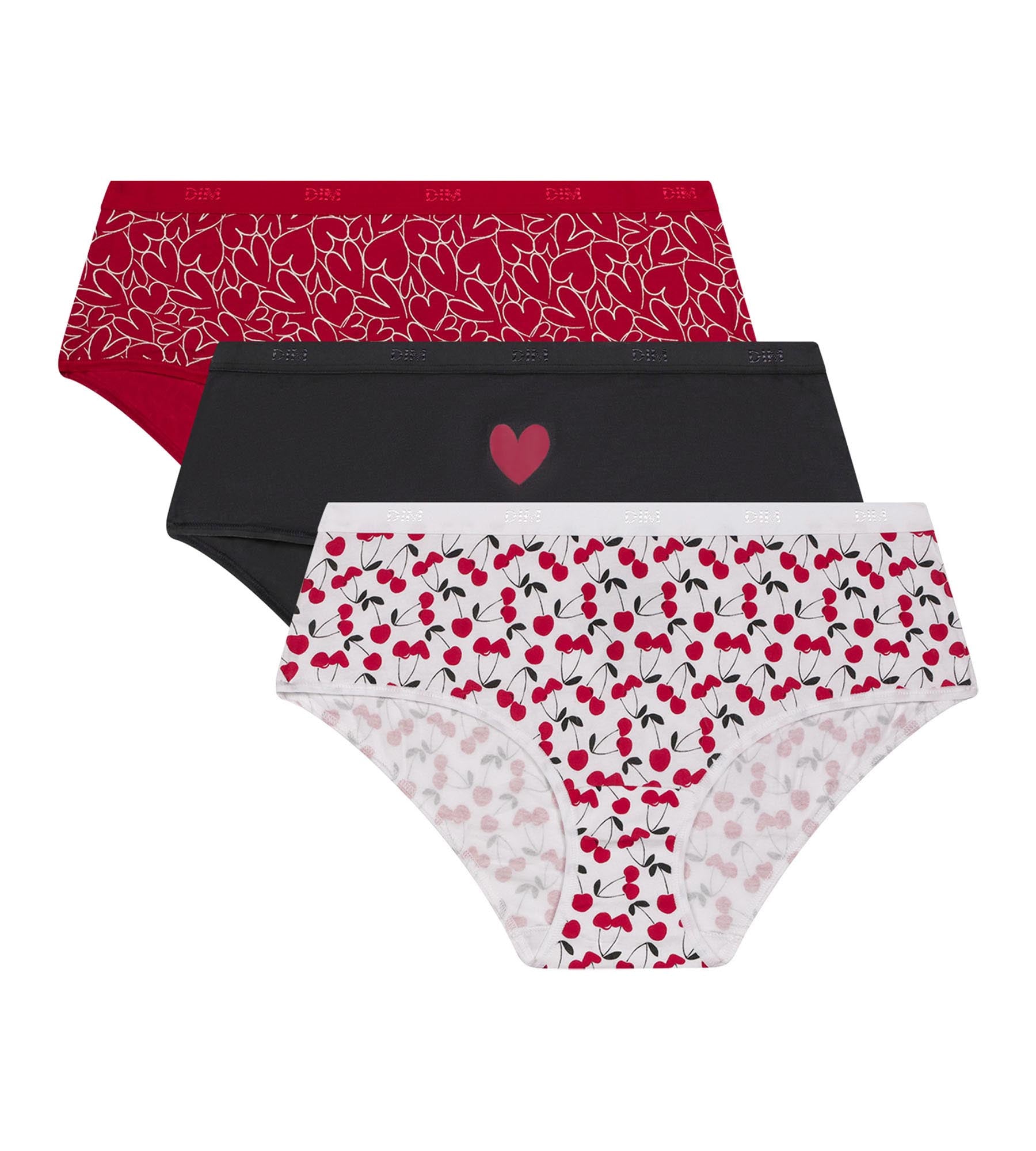 DIM Pack de 3 culottes de mujer de algodón elástico rojo con estampado de corazones Les Pockets
