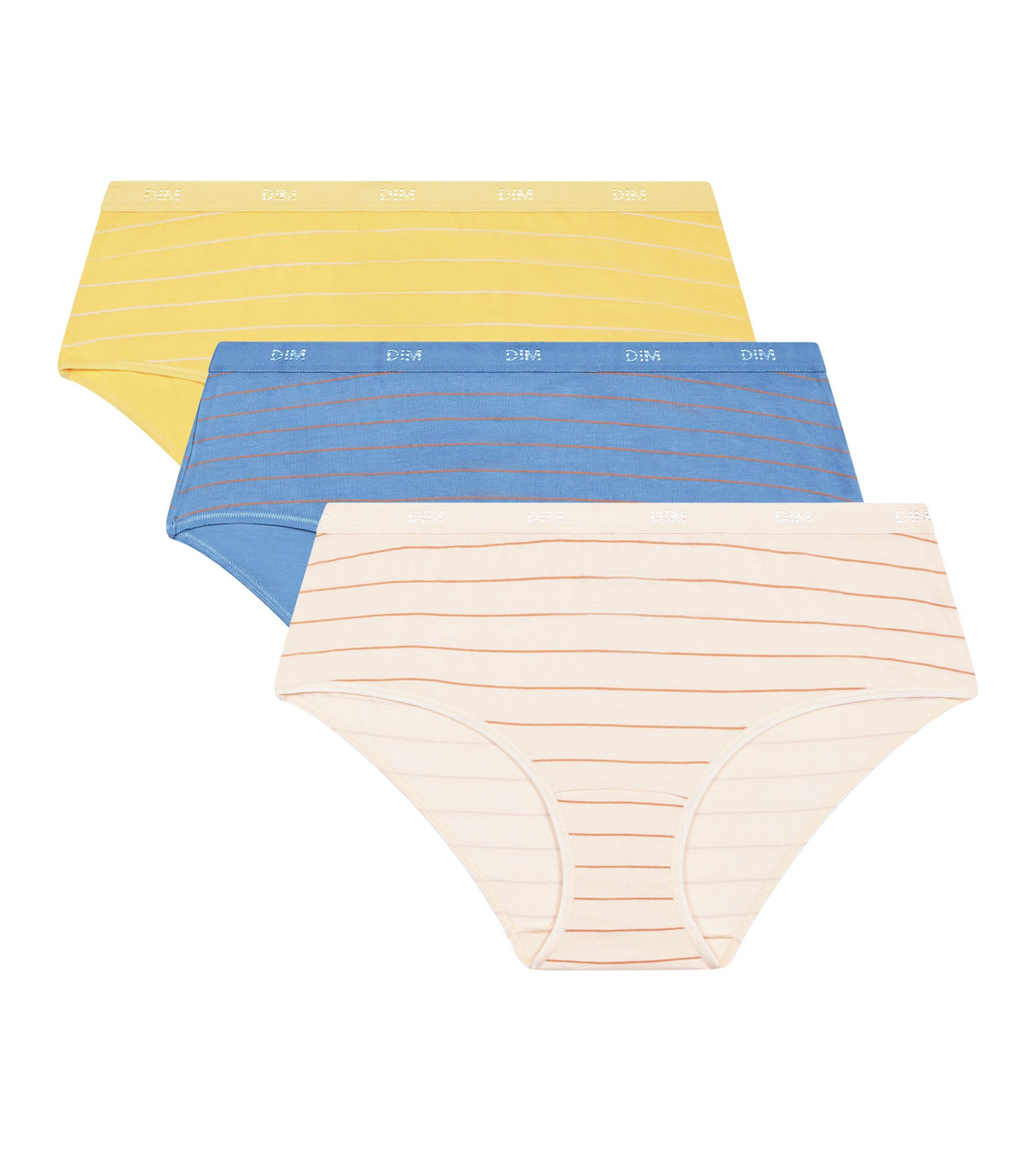 DIM Pack de 3 culottes de mujer de algodón elástico Amarillo Azul Rayas Les Pockets