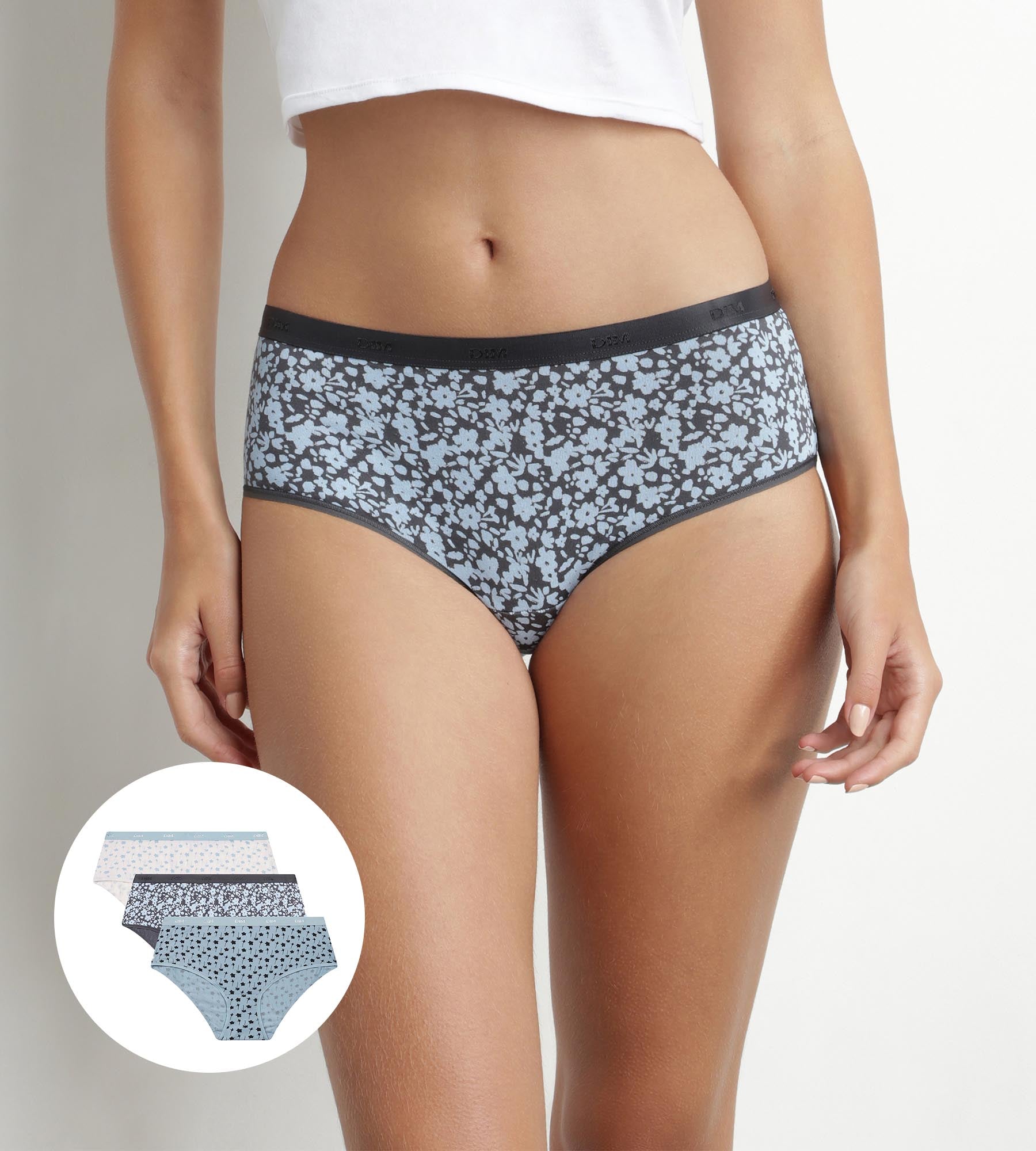 DIM Pack de 3 culottes de mujer de algodón elástico azul con flores Les Pockets