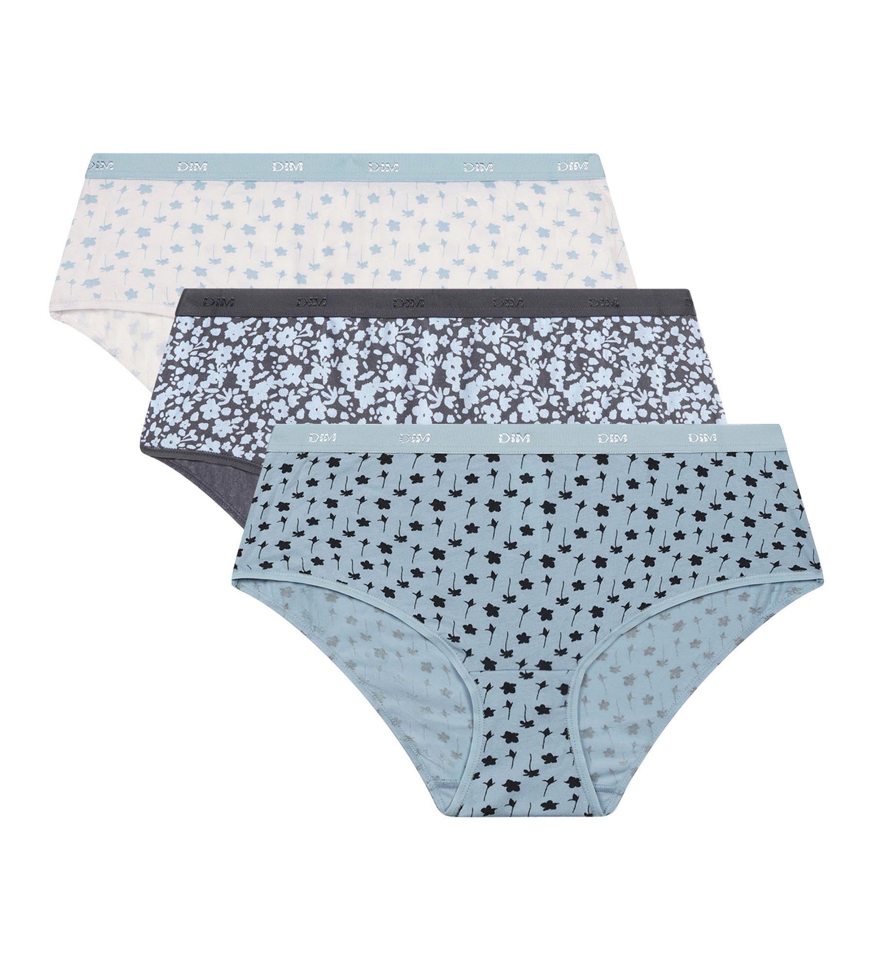 DIM Pack de 3 culottes de mujer de algodón elástico azul con flores Les Pockets