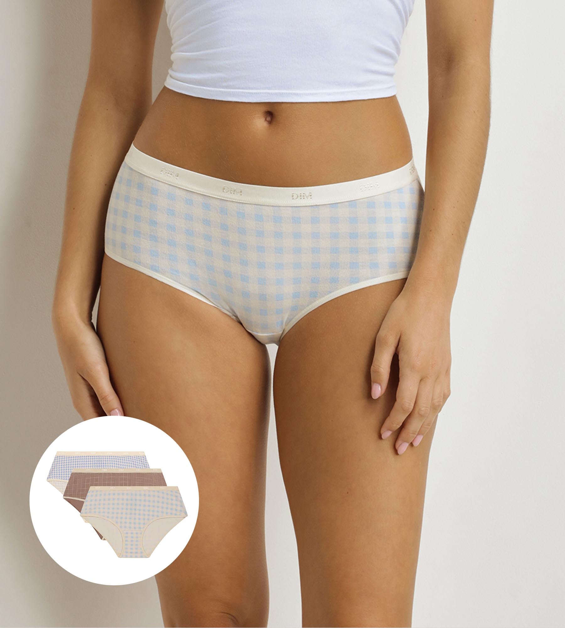 DIM Pack de 3 calzoncillos mujer estampado gingham Azul Beige Les Bolsillos