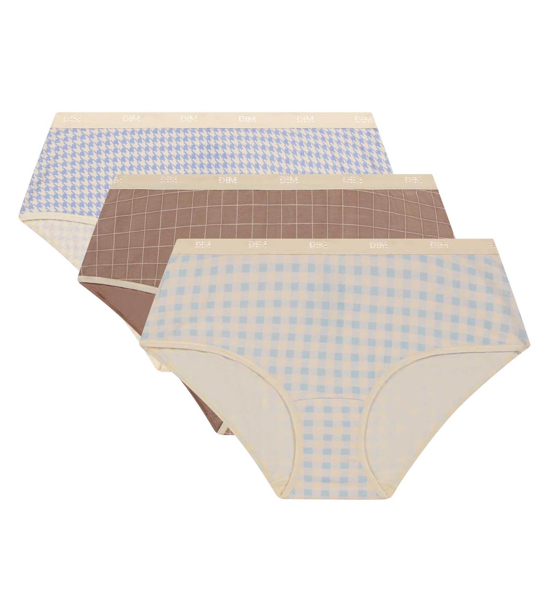 DIM Pack de 3 calzoncillos mujer estampado gingham Azul Beige Les Bolsillos