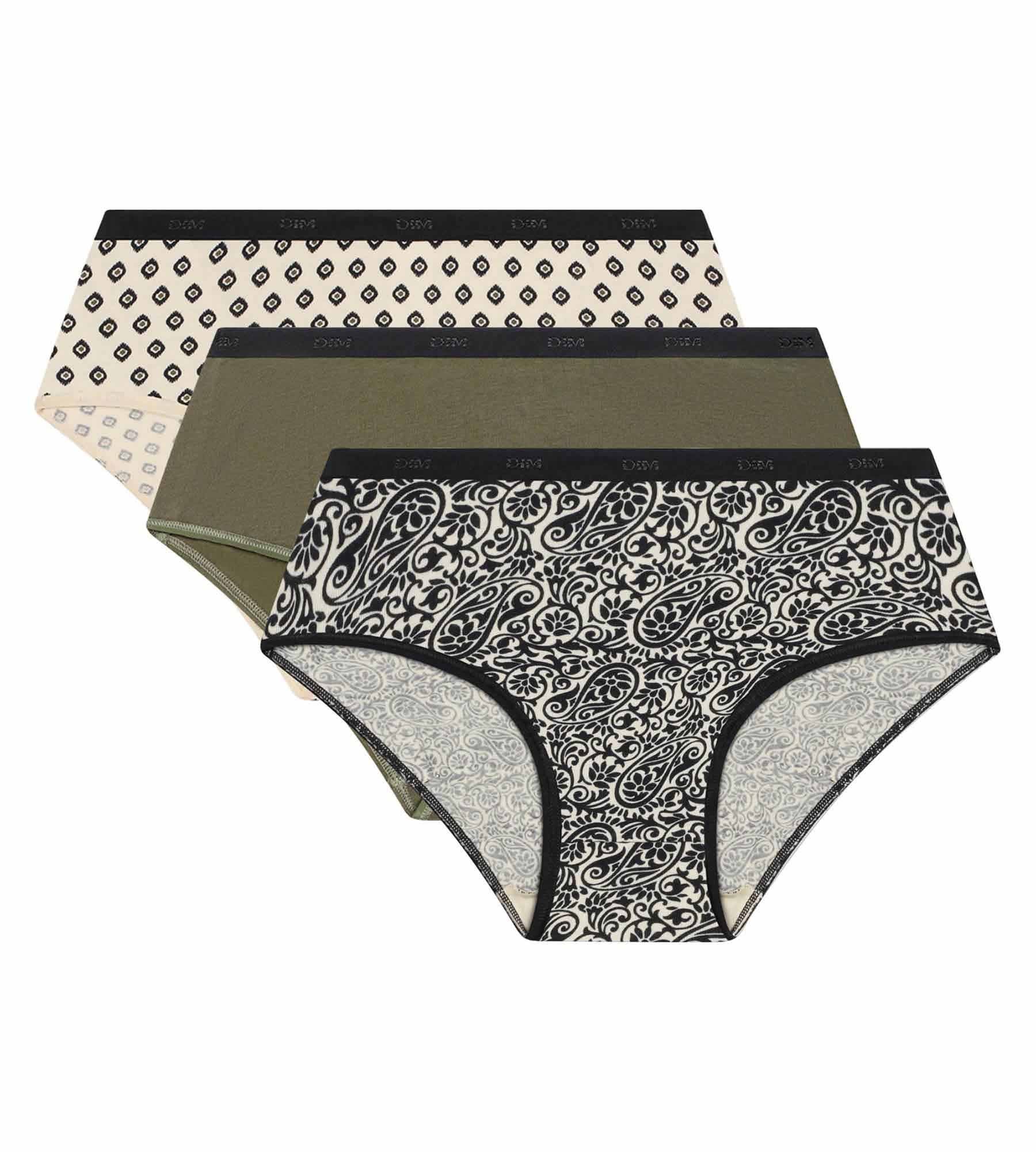 DIM Pack de 3 calzoncillos para mujer con estampado étnico, caqui, negro Les Pockets