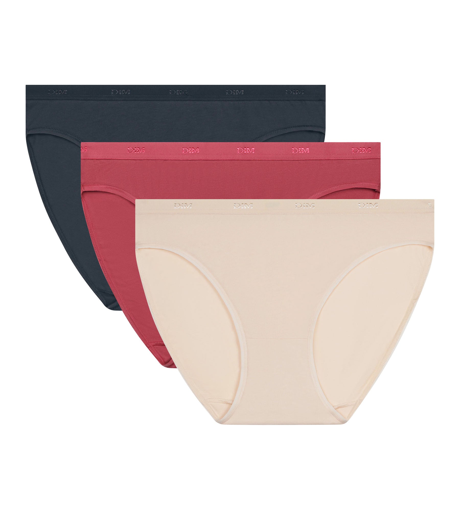 DIM Pack de 3 bragas de mujer de algodón elástico Beige Rosa Gris Les Pockets Ecodim