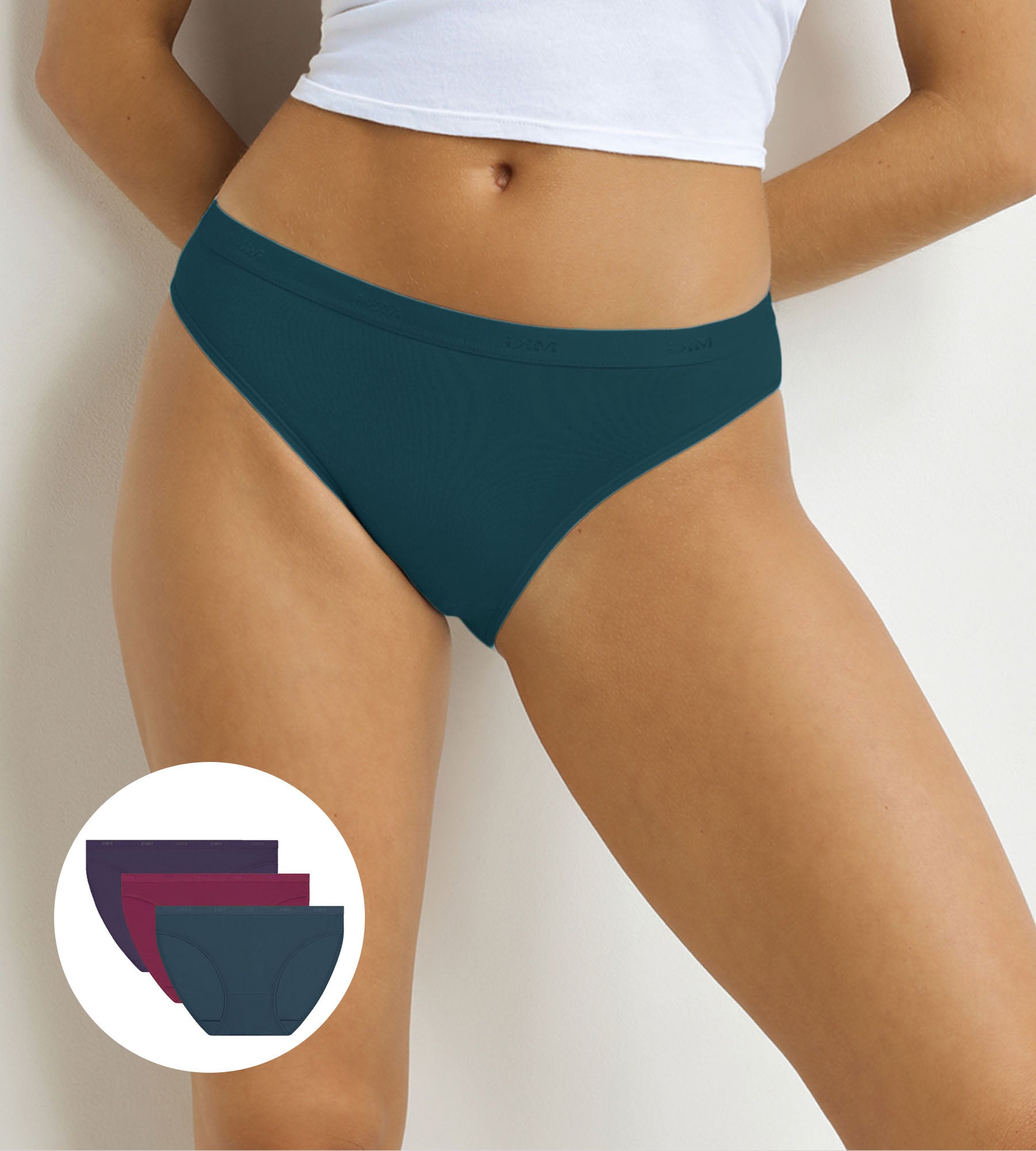 DIM Pack de 3 braguitas de mujer moradas, rojas y verdes Les Pockets Ecodim