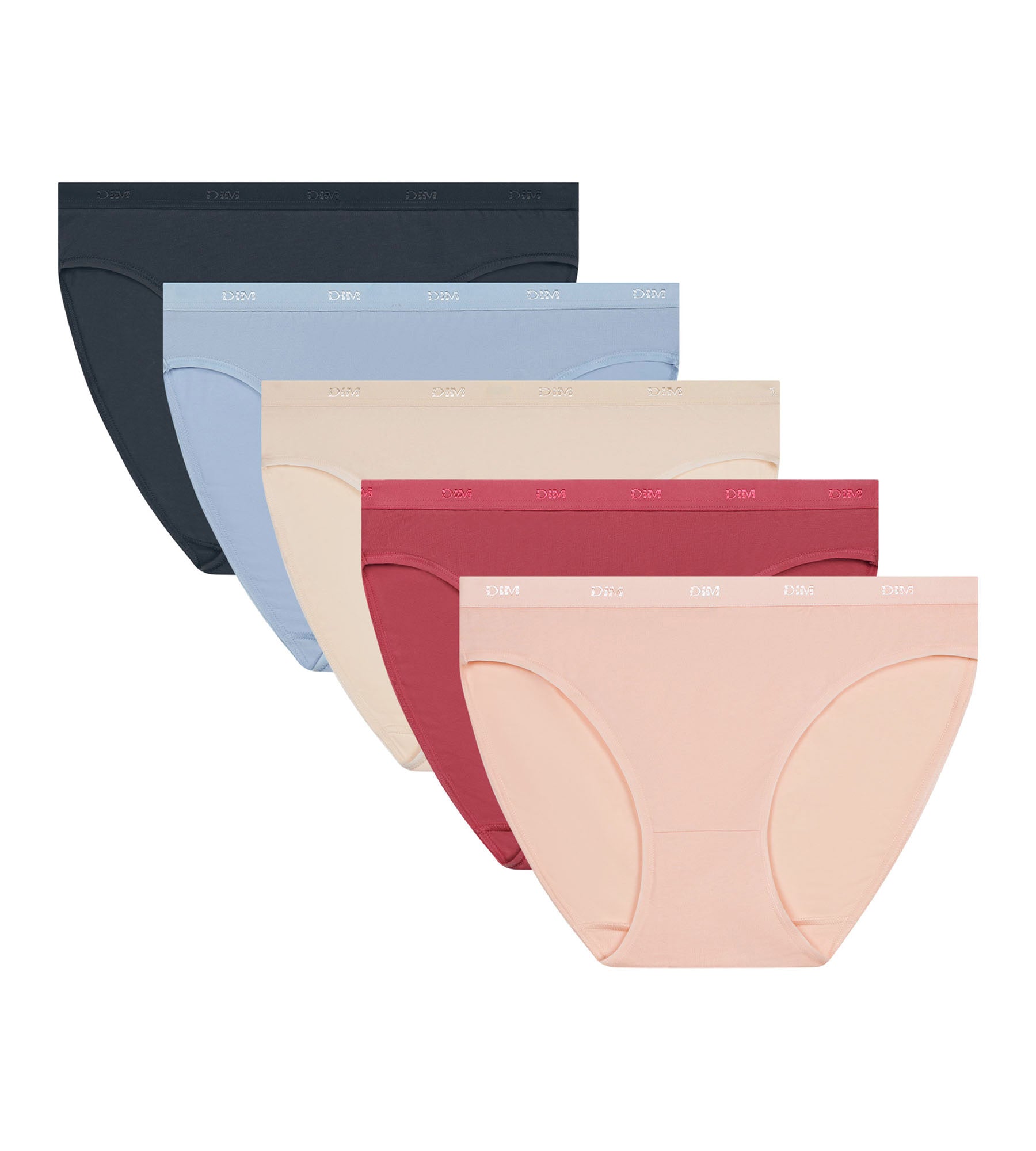DIM Pack de 5 bragas de mujer de algodón elástico Beige Rosa Azul Les Pockets Ecodim
