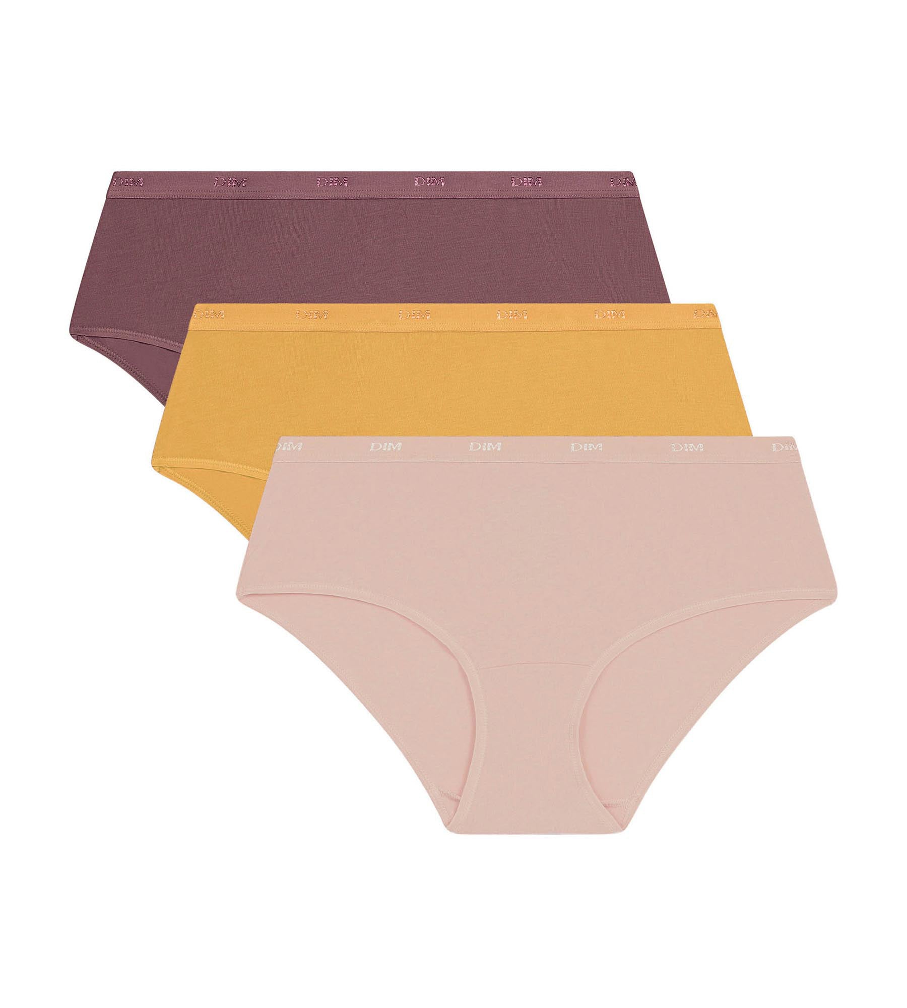 DIM Pack de 3 culottes para mujer de algodón elástico Amarillo Marrón Les Pockets Ecodim
