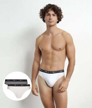 Pack de 2 calzoncillos de hombre de algodón elástico con cintura en contraste gris blanco