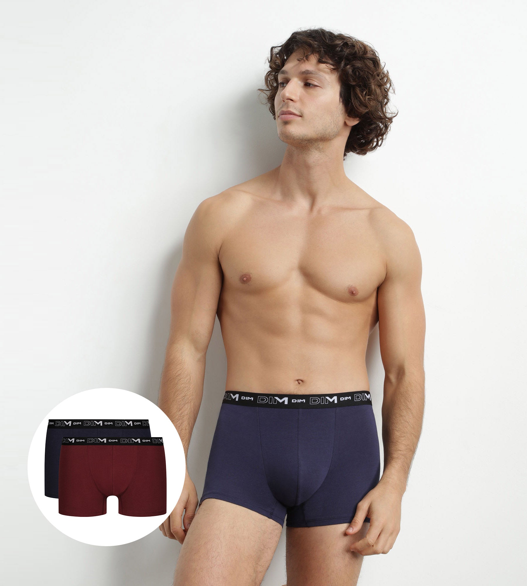 DIM Pack de 2 bóxers de hombre rojo azul con cintura en contraste Algodón elástico Dim