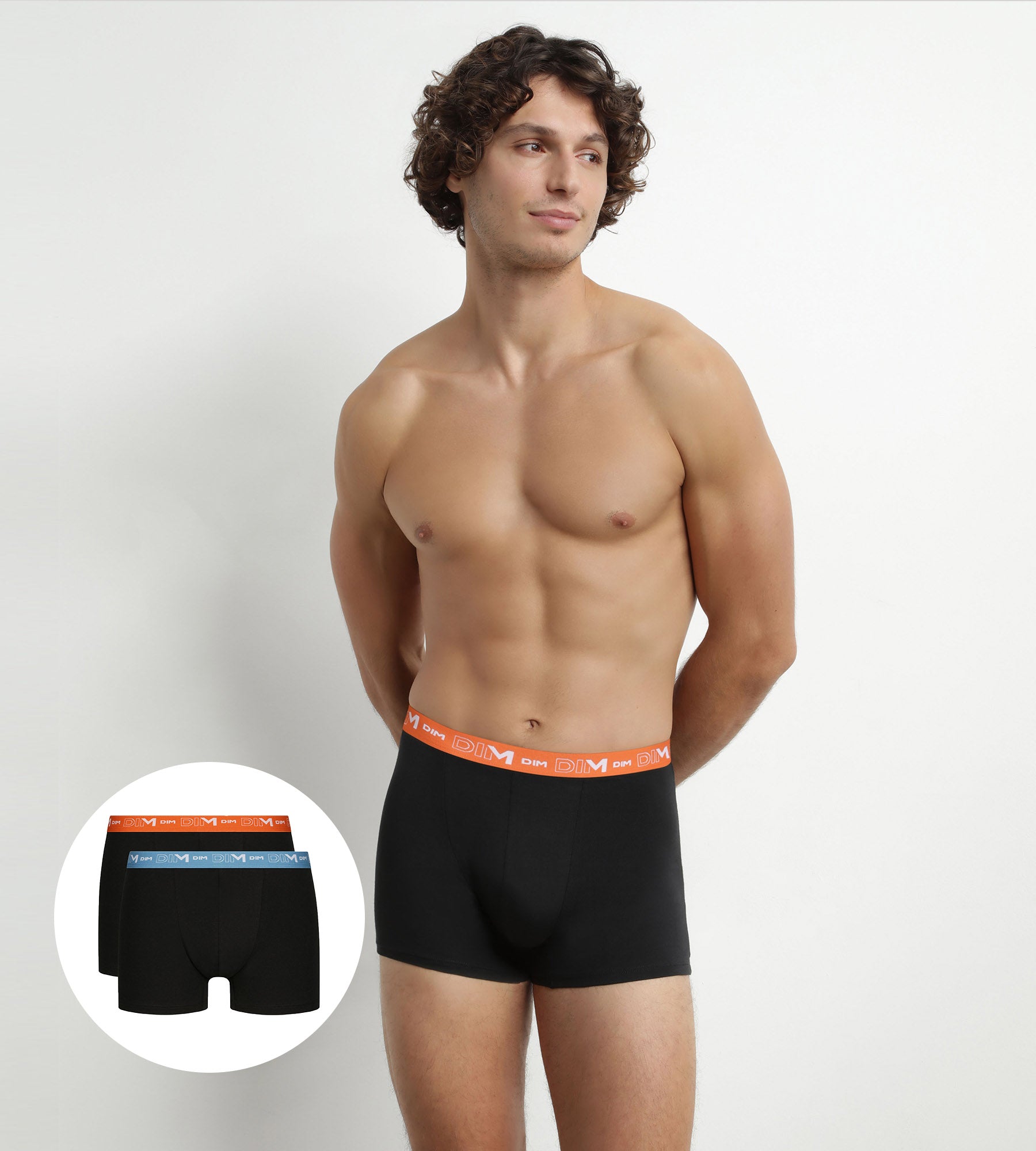 DIM Pack de 2 Boxers de hombre negros con cintura azul y naranja Algodón elástico Dim
