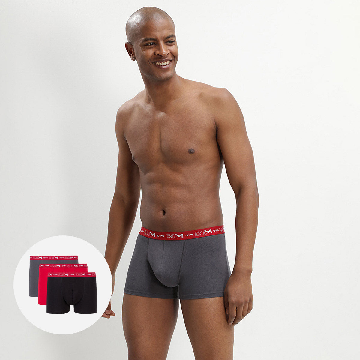 DIM Pack de 3 bóxers gris, rojo y negro de algodón elástico Coton Stretch