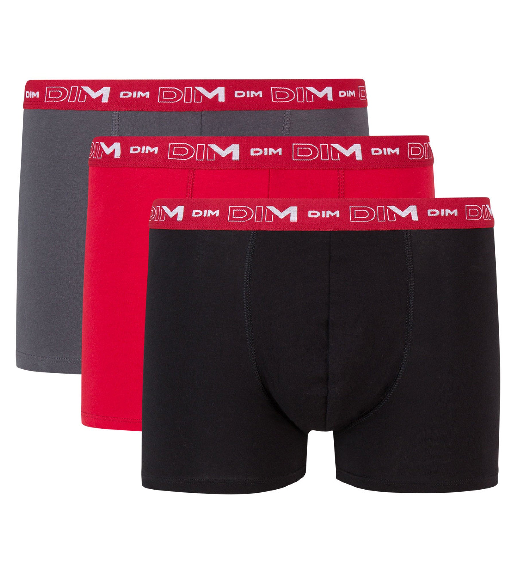 DIM Pack de 3 bóxers gris, rojo y negro de algodón elástico Coton Stretch