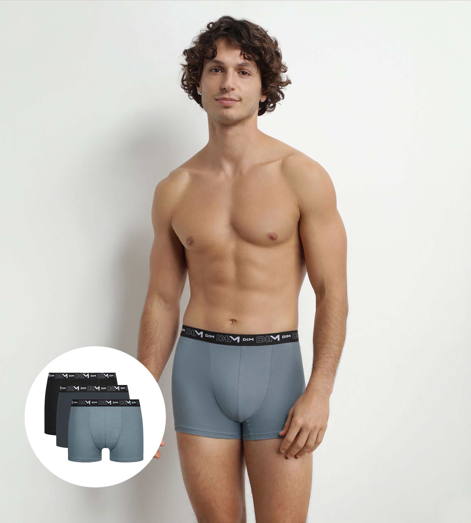 DIM Pack de 3 Boxers Gris Negro Hombre con Cintura en Contraste Algodón Stretch Dim