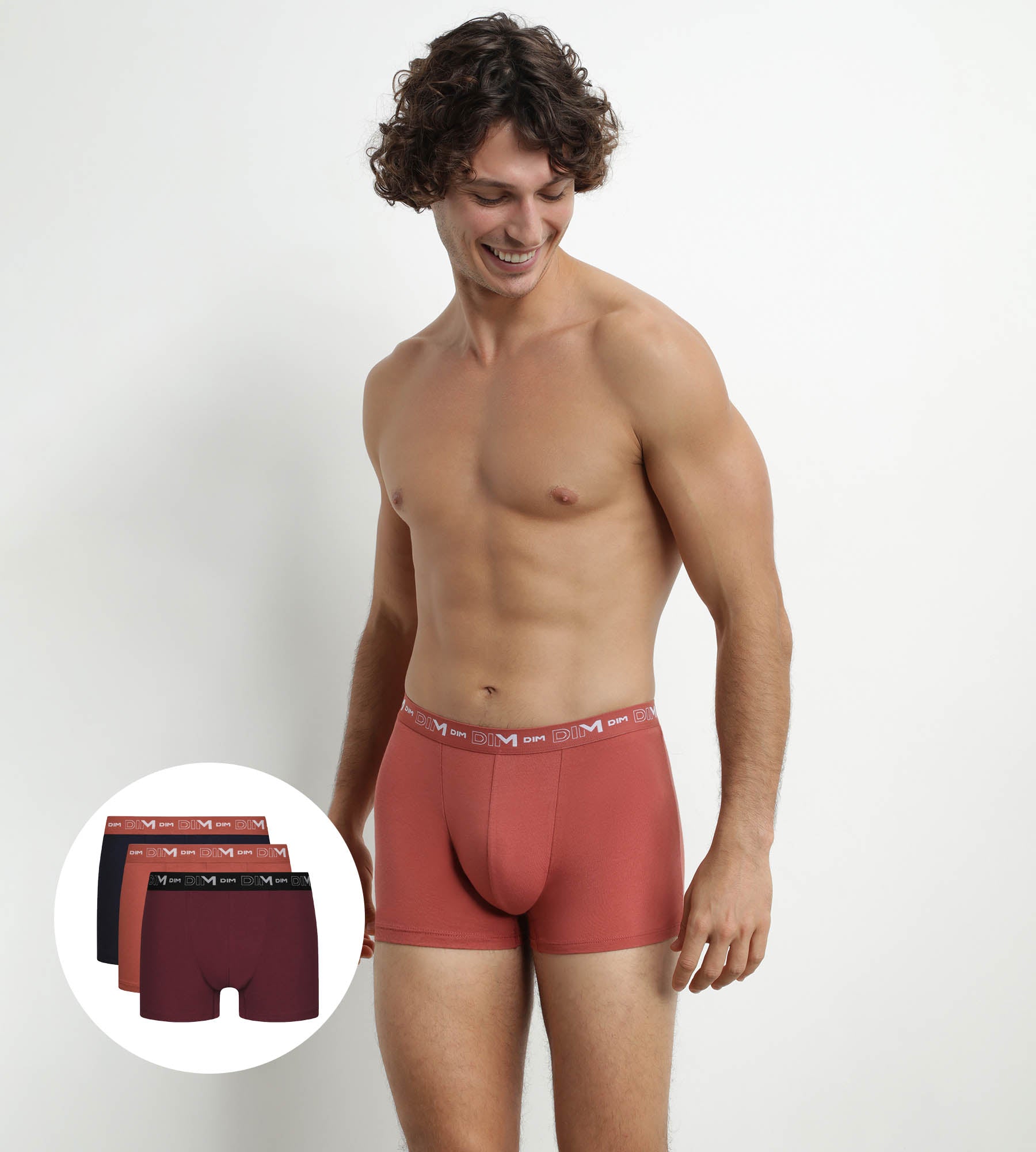 DIM Pack de 3 calzoncillos bóxer de algodón elástico para hombre, color negro terracota Chiné Dim