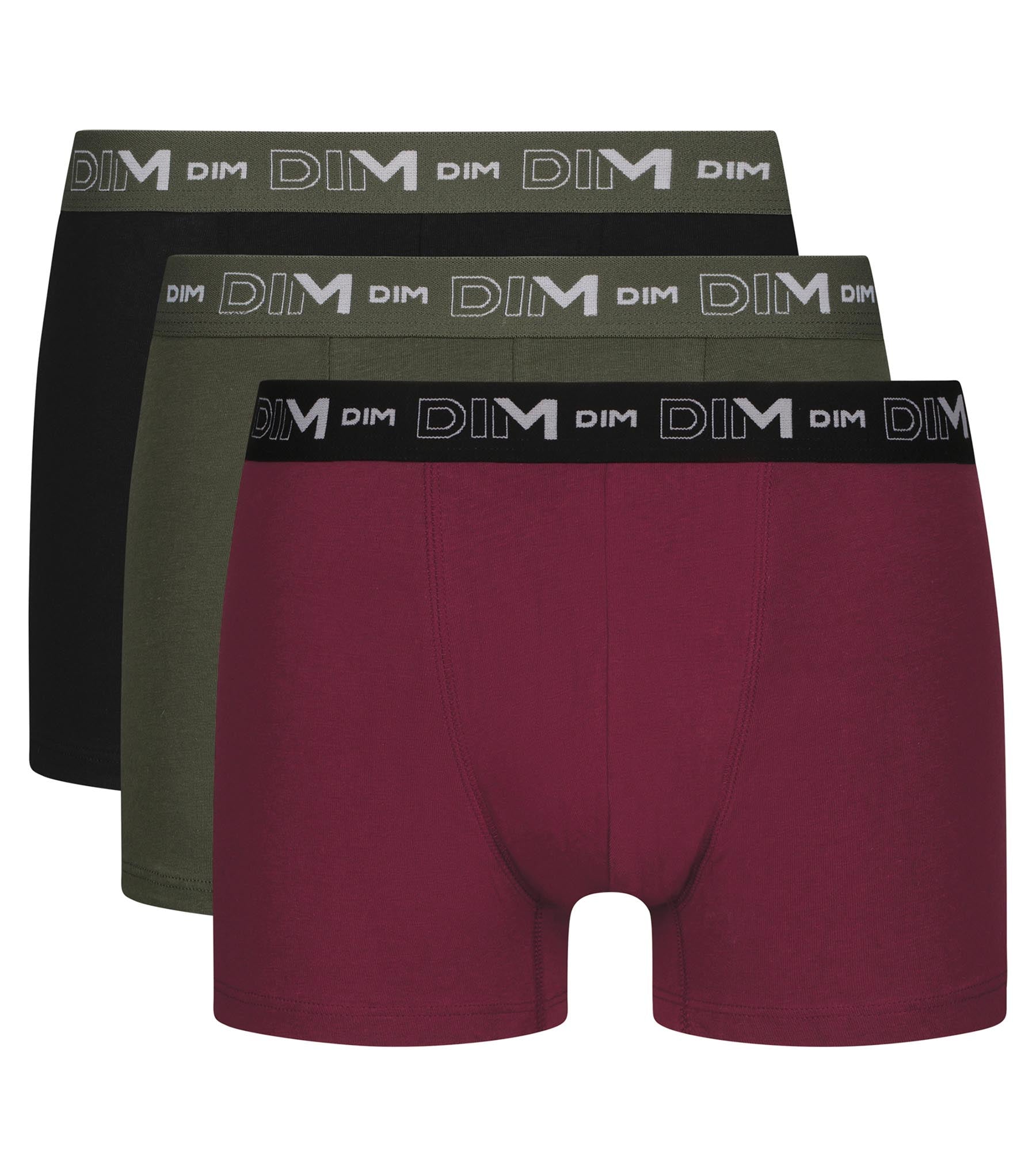 DIM Pack de 3 bóxers para hombre de algodón elástico Negro Caqui Rojo Dim