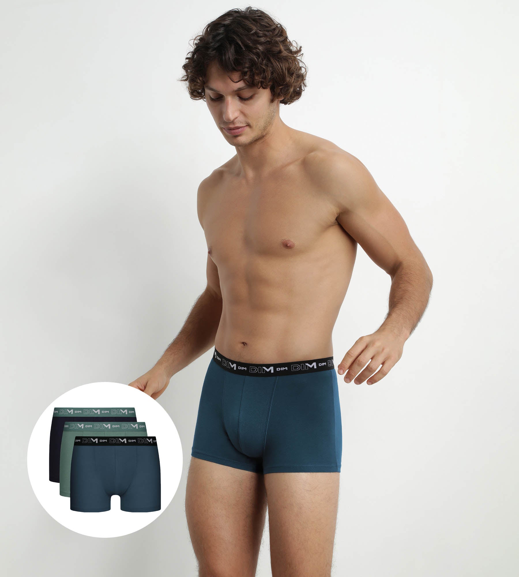 DIM Pack de 3 calzoncillos bóxer de algodón elástico para hombre Negro Verde Azul Dim