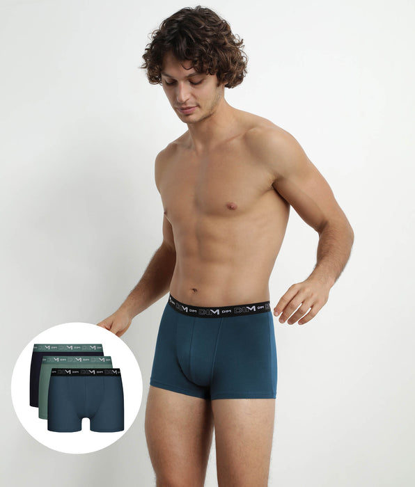 DIM Pack de 3 calzoncillos bóxer de algodón elástico para hombre Negro Verde Azul Dim