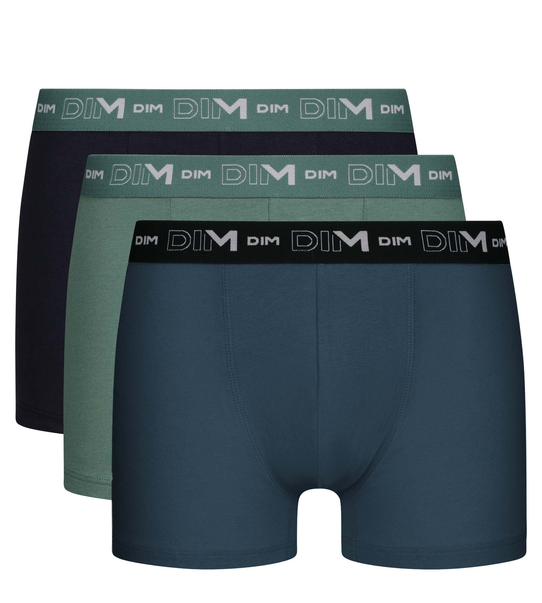 DIM Pack de 3 calzoncillos bóxer de algodón elástico para hombre Negro Verde Azul Dim
