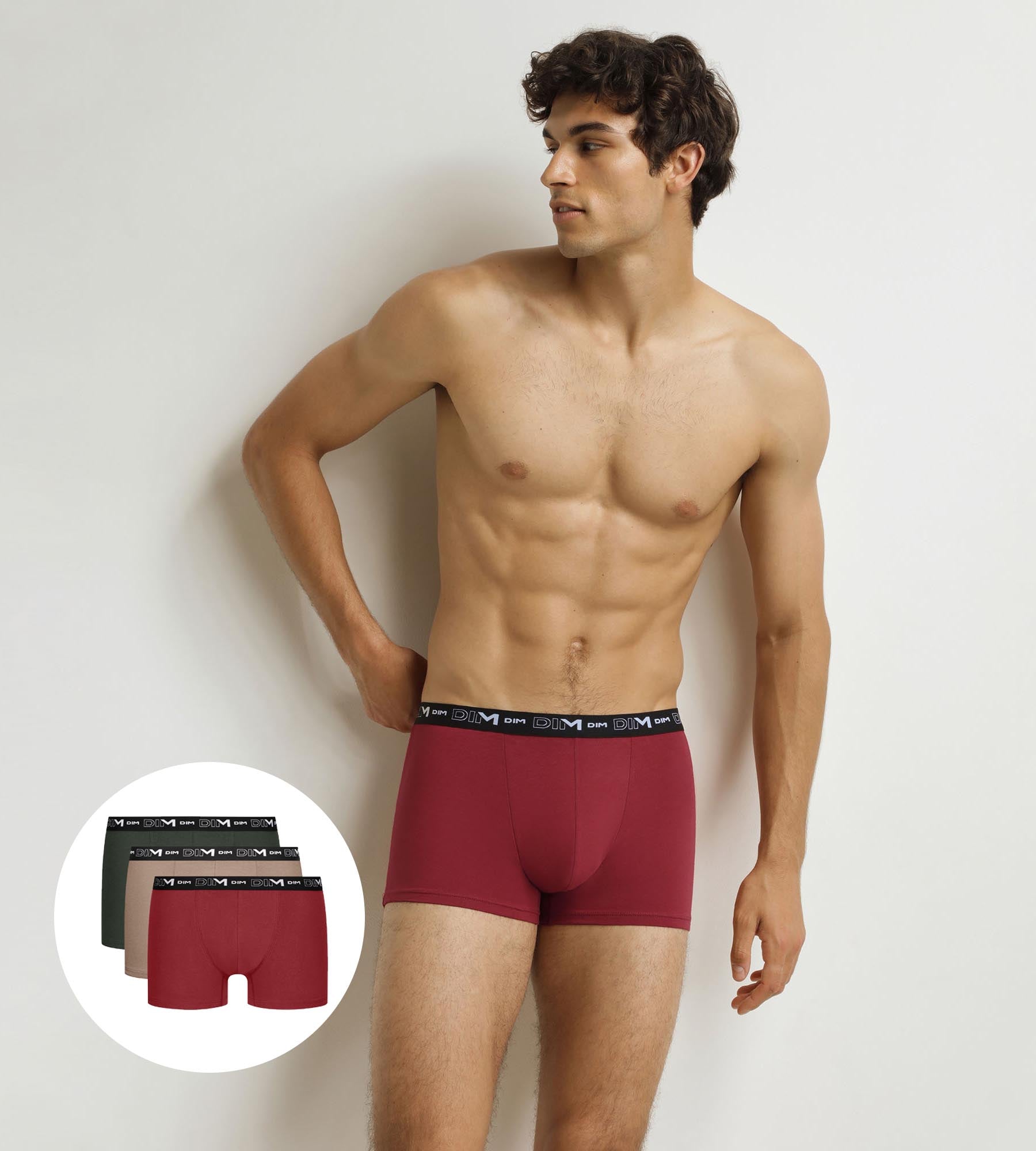 DIM Pack de 3 calzoncillos bóxer para hombre Verde Beige Rojo Algodón Stretch