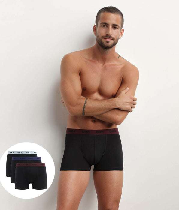 DIM Pack de 3 bóxers de hombre negros con cinturilla color Uva Mix & Colors