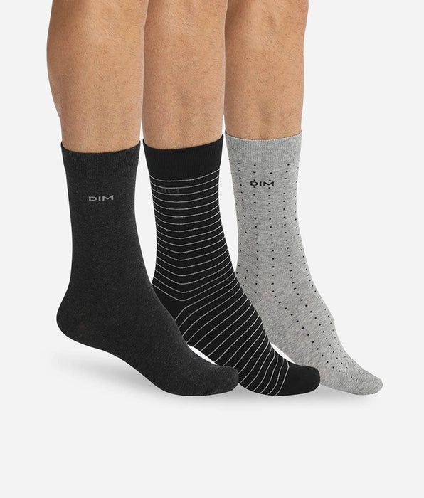 DIM Lote de 3 calcetines negros y antracita con lunares y rayas para hombre