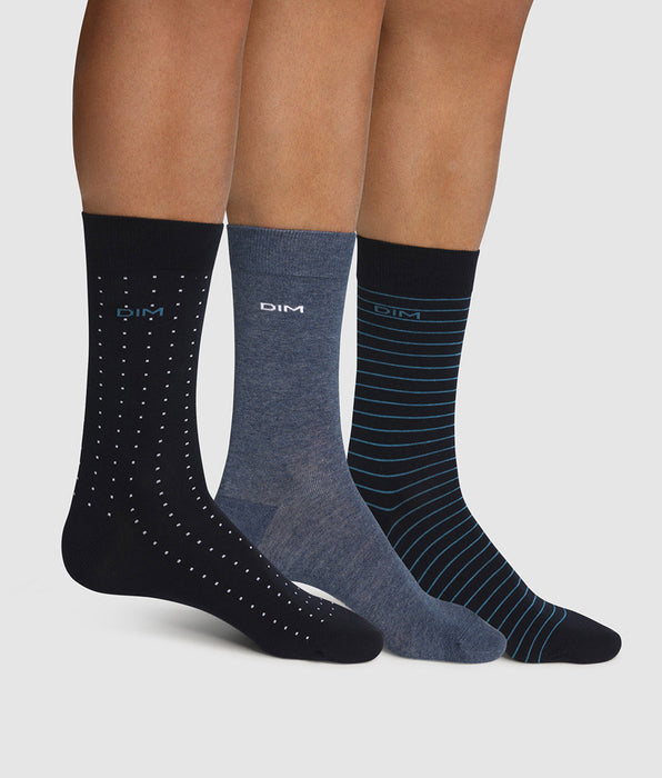 DIM Pack de 3 pares de calcetines de algodón para hombre de rayas y lunares azul Coton Style