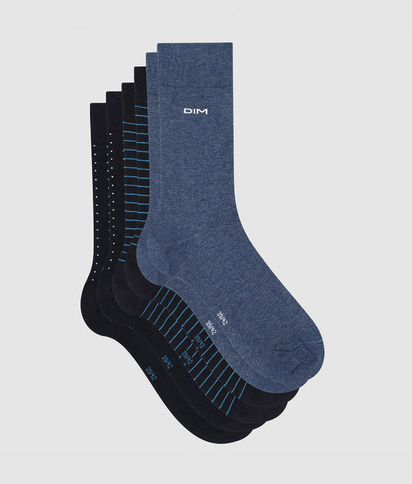 DIM Pack de 3 pares de calcetines de algodón para hombre de rayas y lunares azul Coton Style