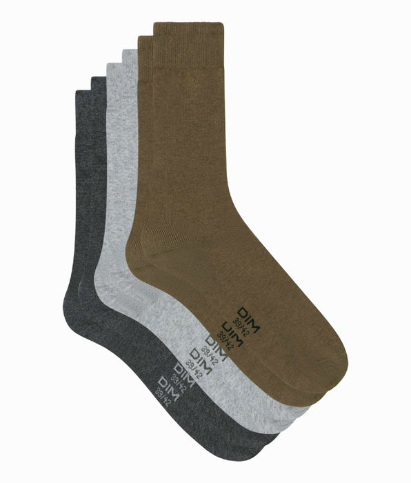 DIM Pack de 3 pares de calcetines de algodón para hombre gris y caqui Dim Basic Coton